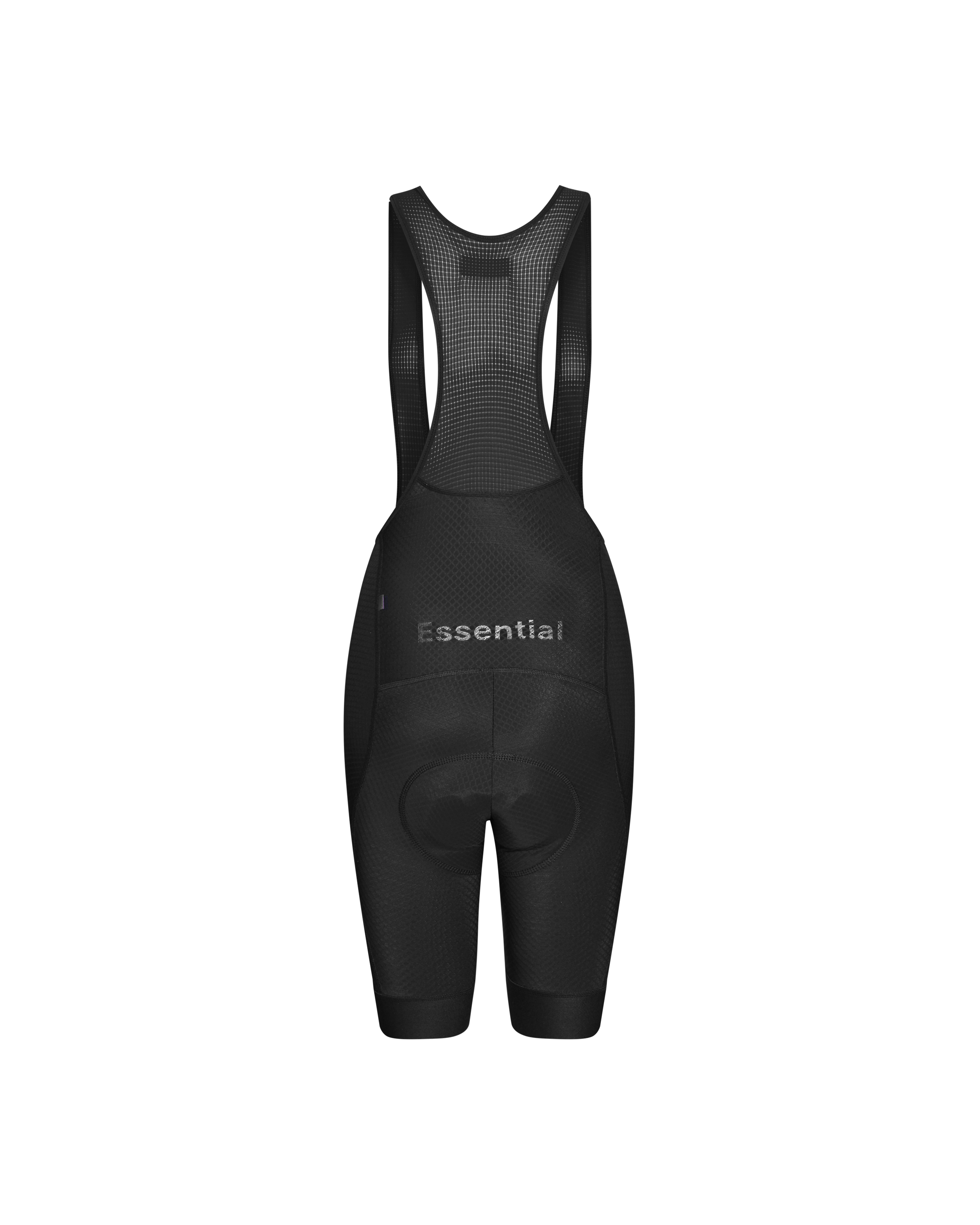 Black Essential cycling bibs, front flat lay with mesh back panel and grey logo
