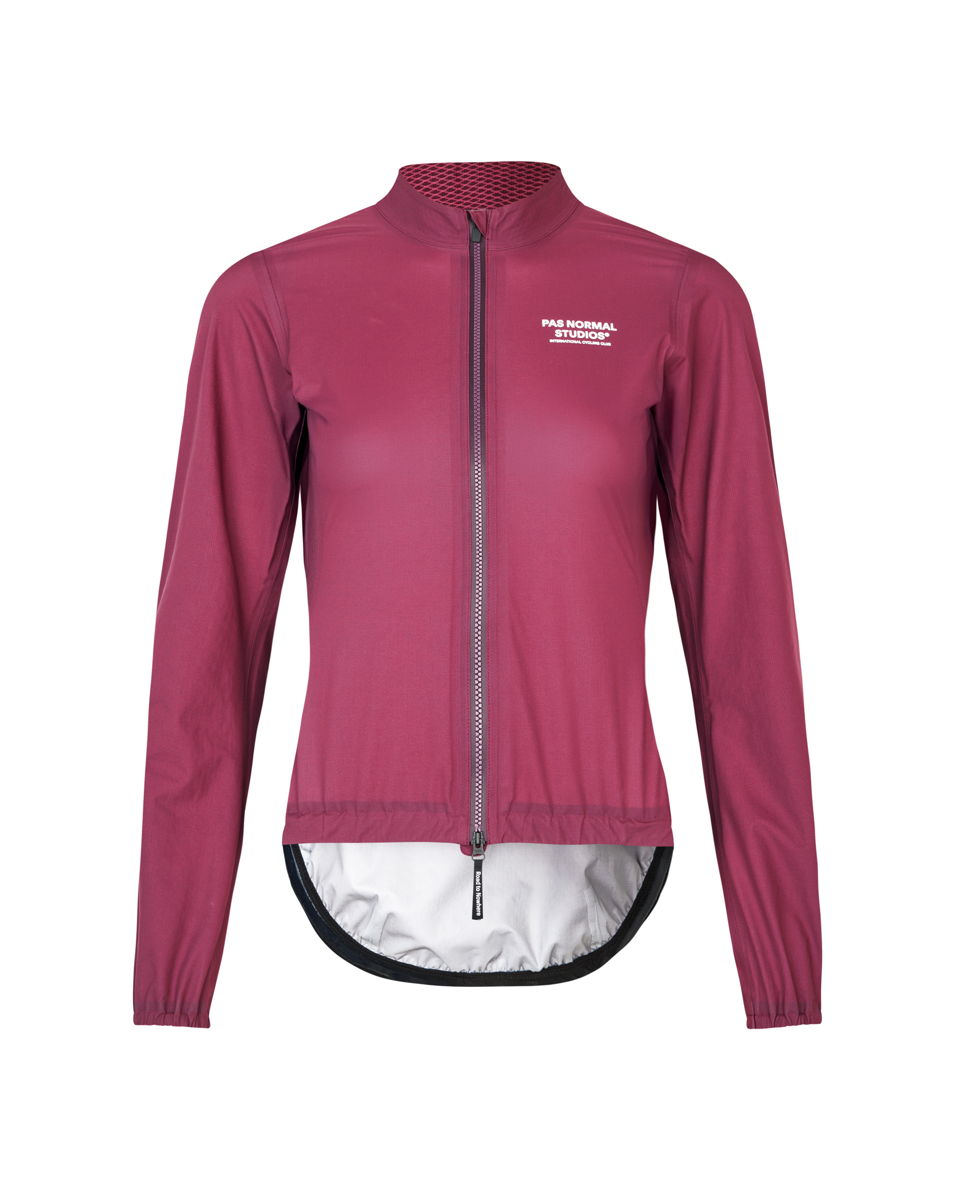 Plum Mechanism Rain cycling jacket, front view with mesh collar panel
