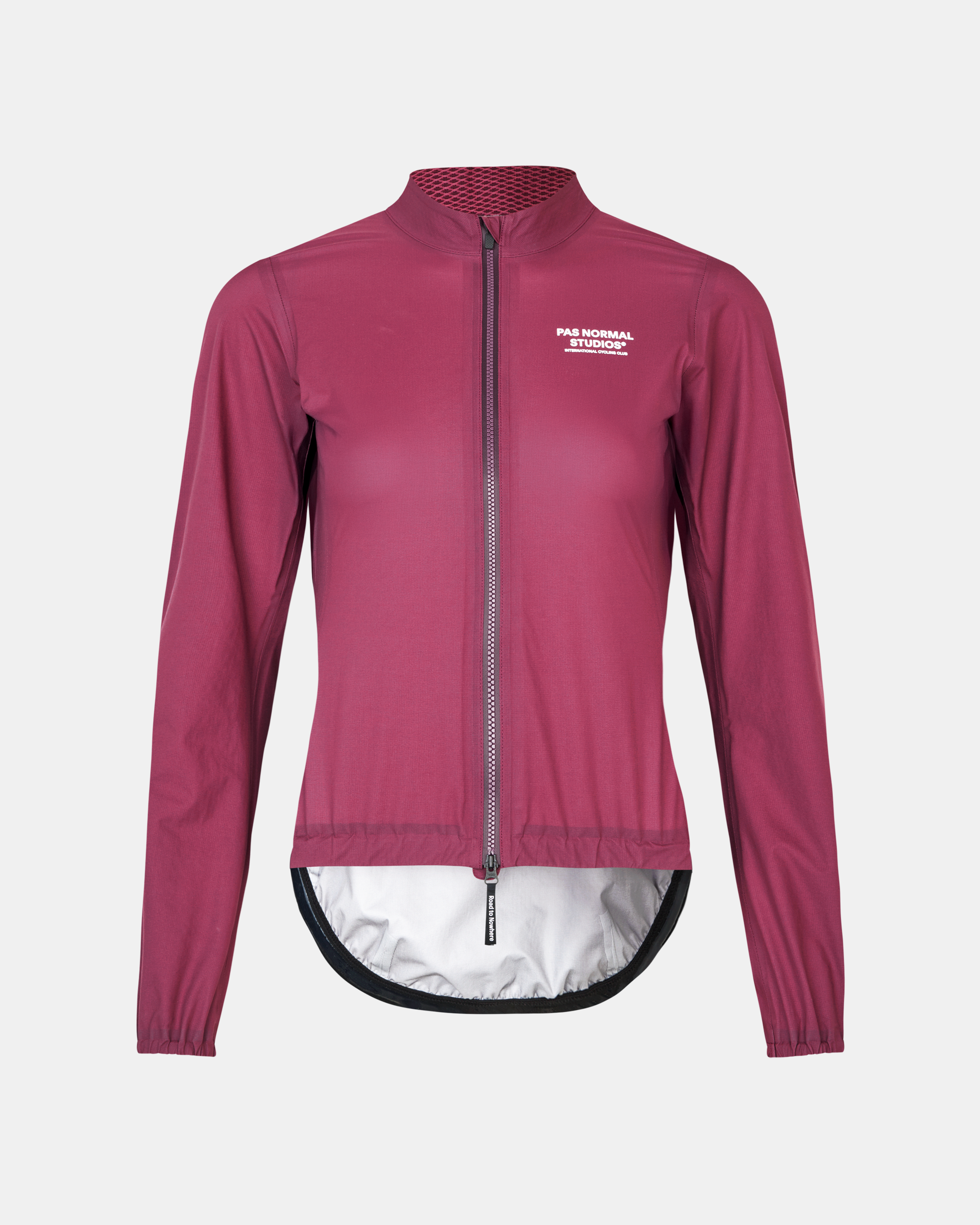 Plum Mechanism Rain cycling jacket, front view with mesh collar panel