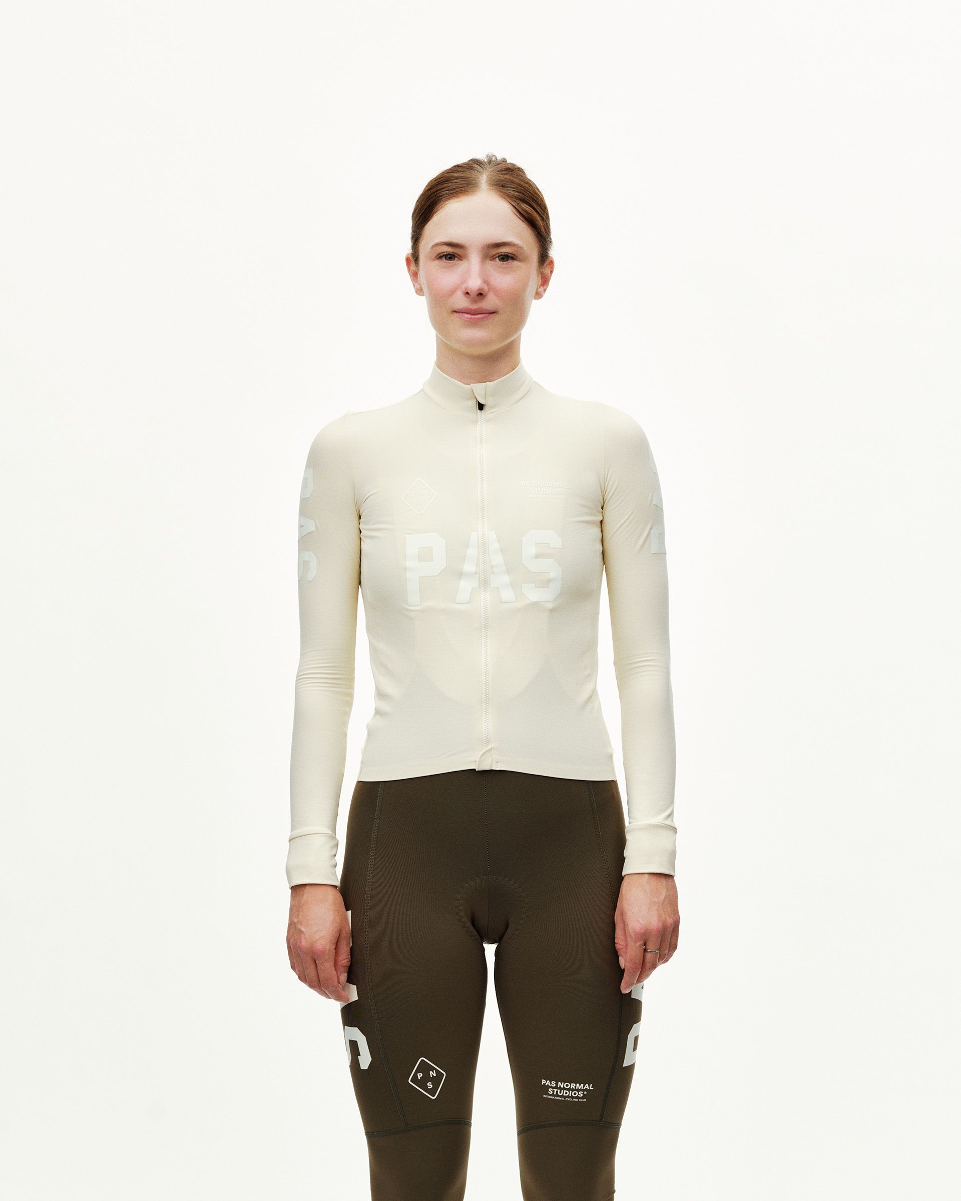Sand PAS Mechanism women's long sleeve cycling jersey, front view on model with tone-on-tone chest print