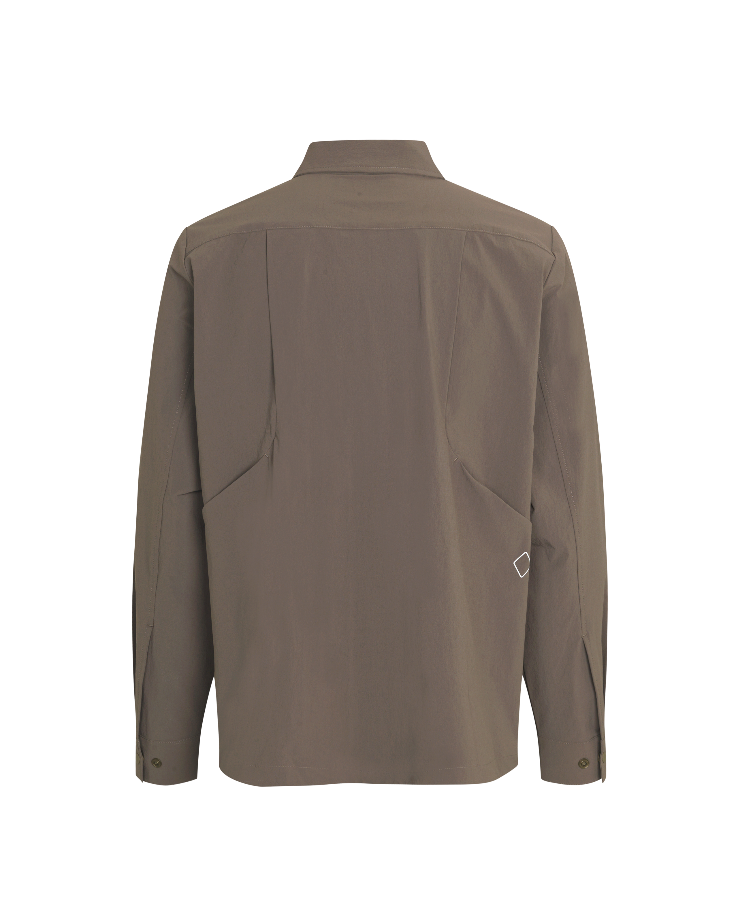 Brown Off-Race Tech Overshirt, rear flat lay with contrast logo detail