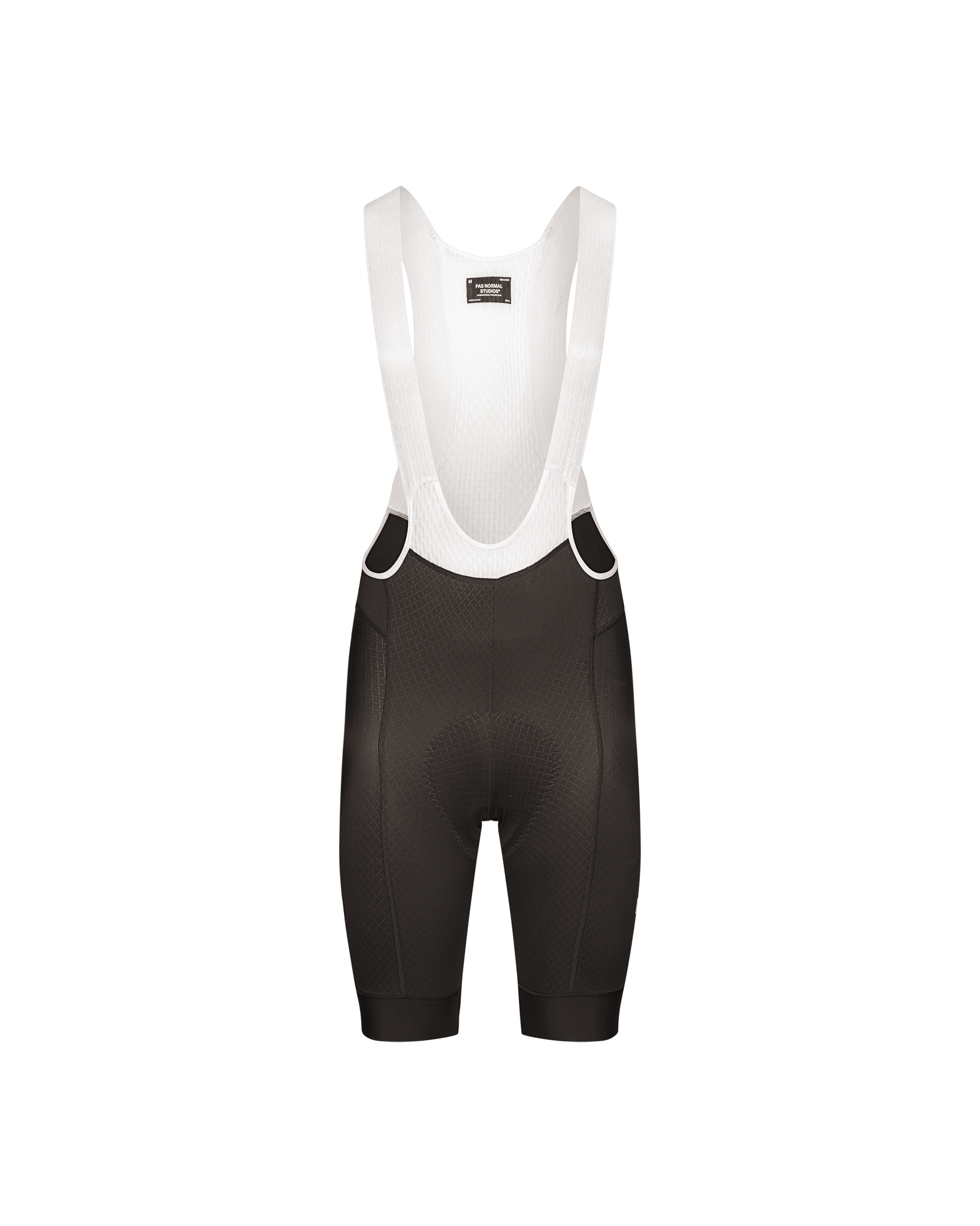 Dark Grey Mechanism cycling bibs, front flat lay with white mesh bib straps