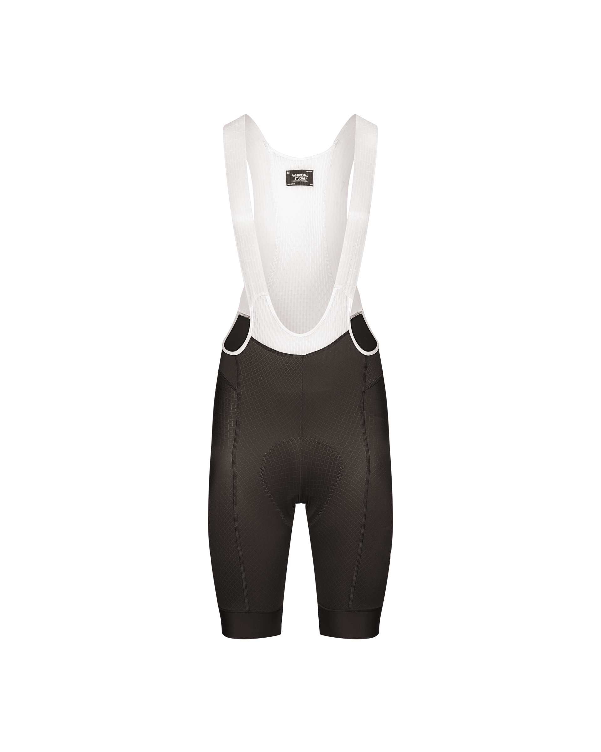 Dark Grey Mechanism cycling bibs, front flat lay with white mesh bib straps