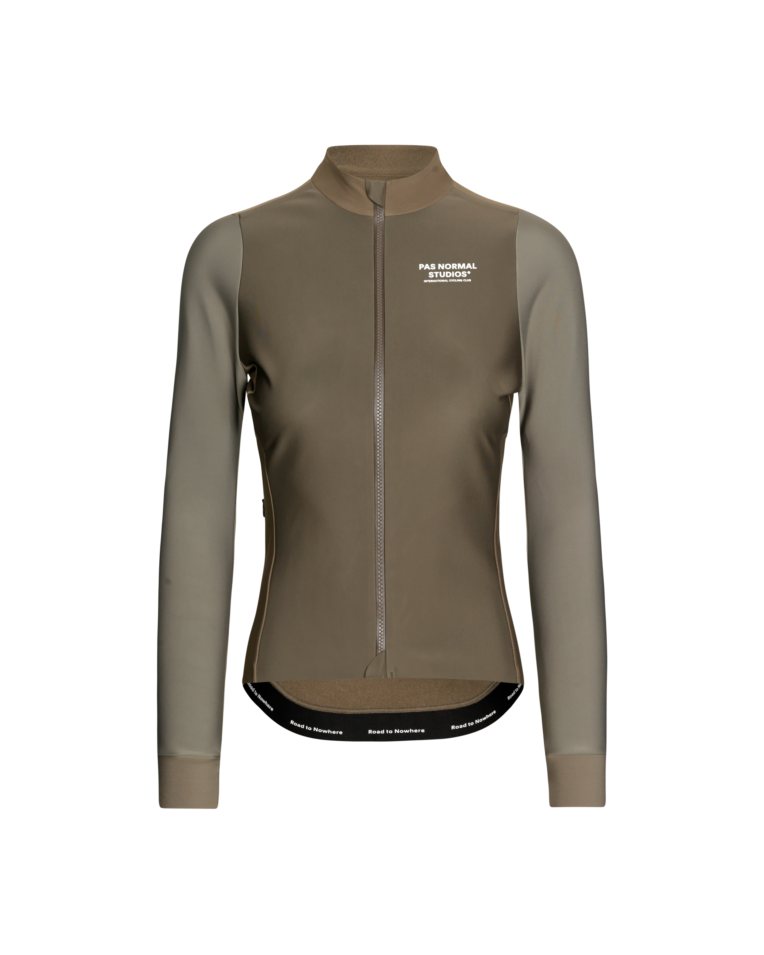 Brown Mechanism Thermal long sleeve cycling jersey, front view with contrast sleeves and white chest logo