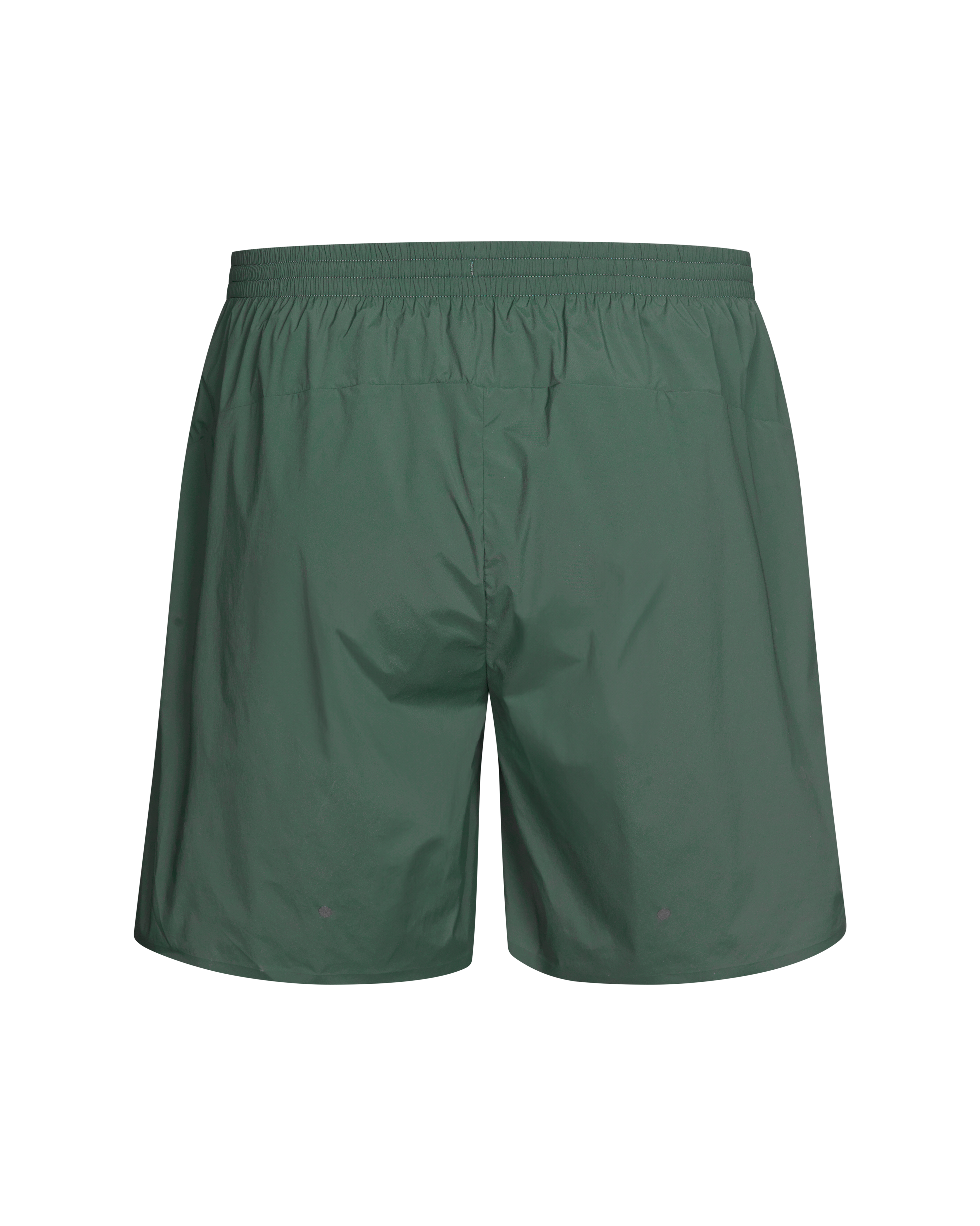Green Balance shorts, rear flat lay with elastic waistband