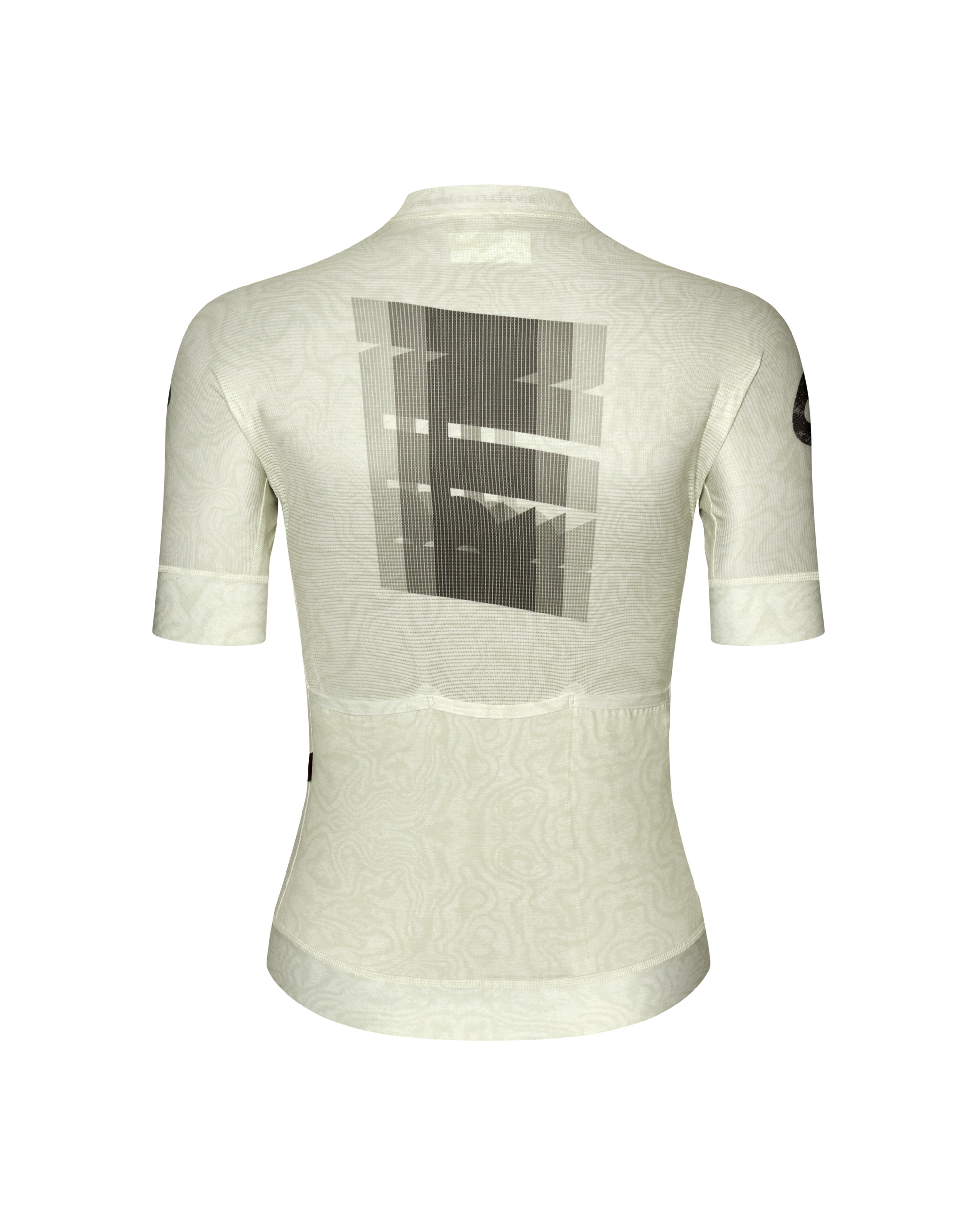 Off White Mechanism women's cycling jersey, rear flat lay with grey graphic back print and tonal paisley pattern