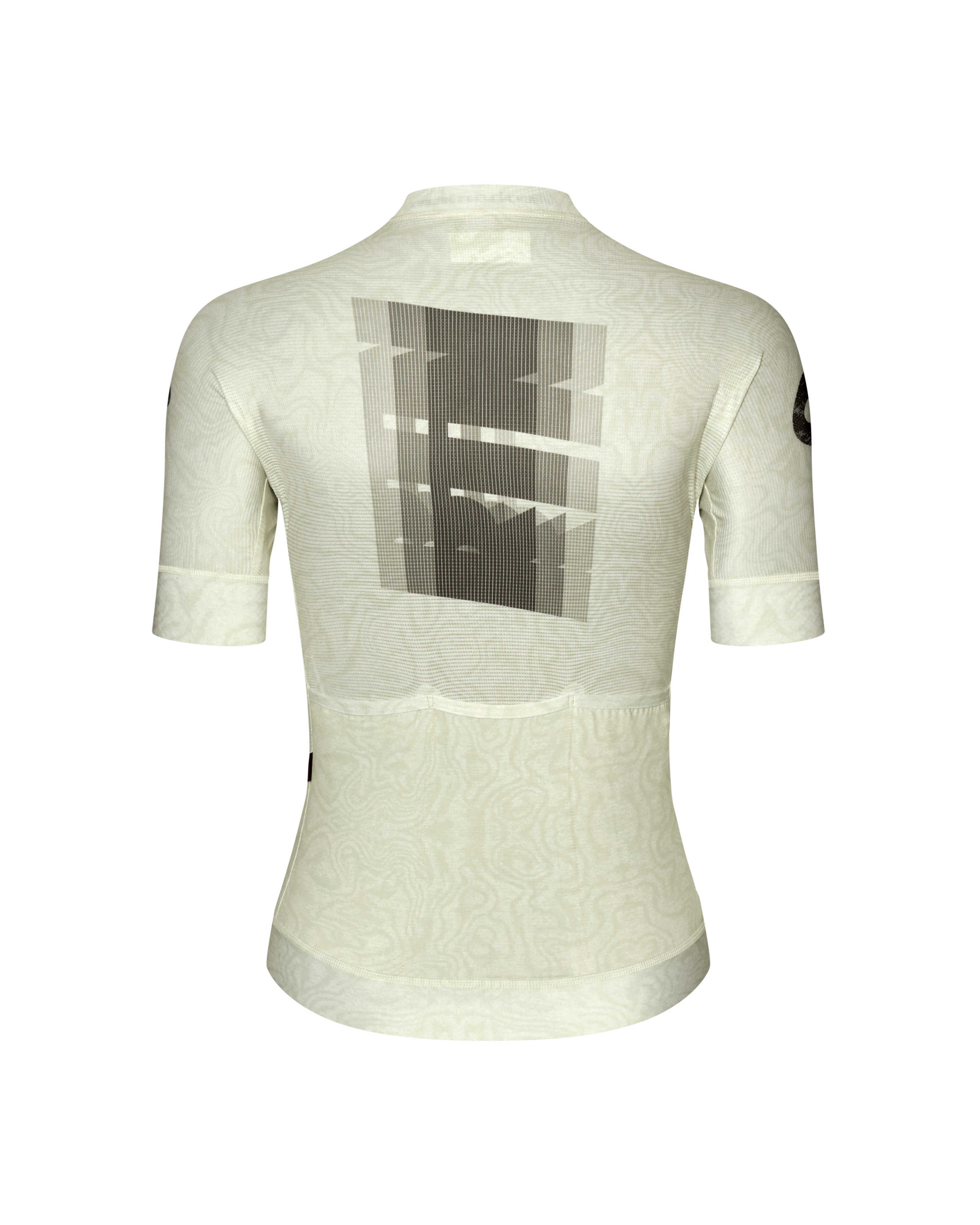 Off White Mechanism women's cycling jersey, rear flat lay with grey graphic back print and tonal paisley pattern