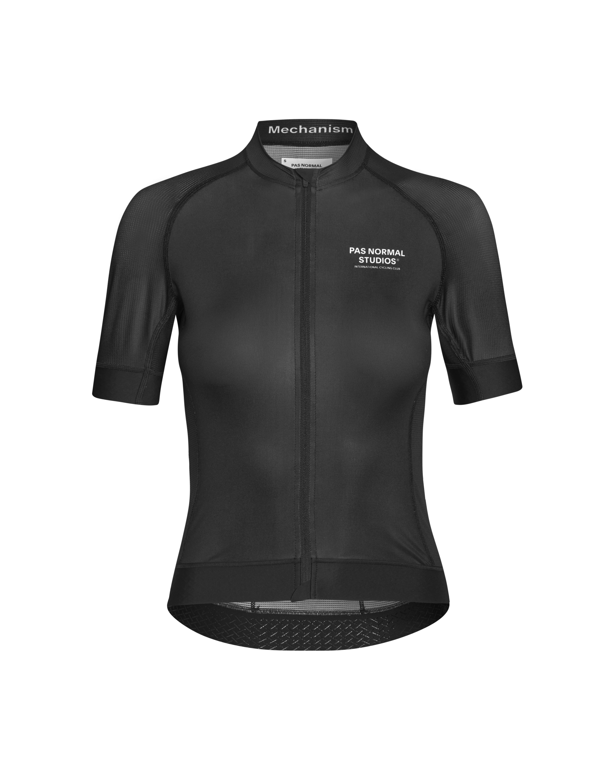 Black Mechanism cycling jersey, front view with mesh panels and white chest logo