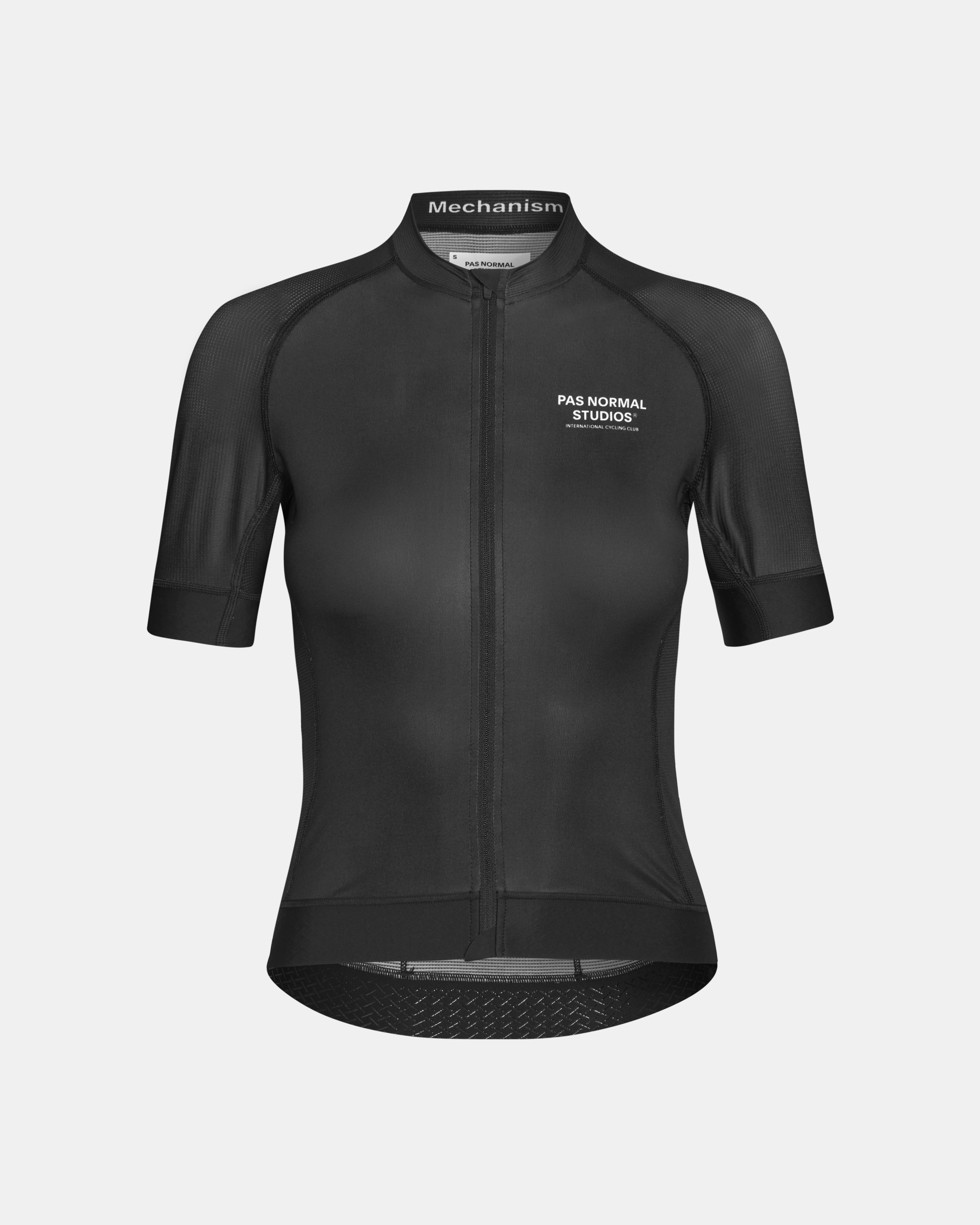 Black Mechanism cycling jersey, front view with mesh panels and white chest logo
