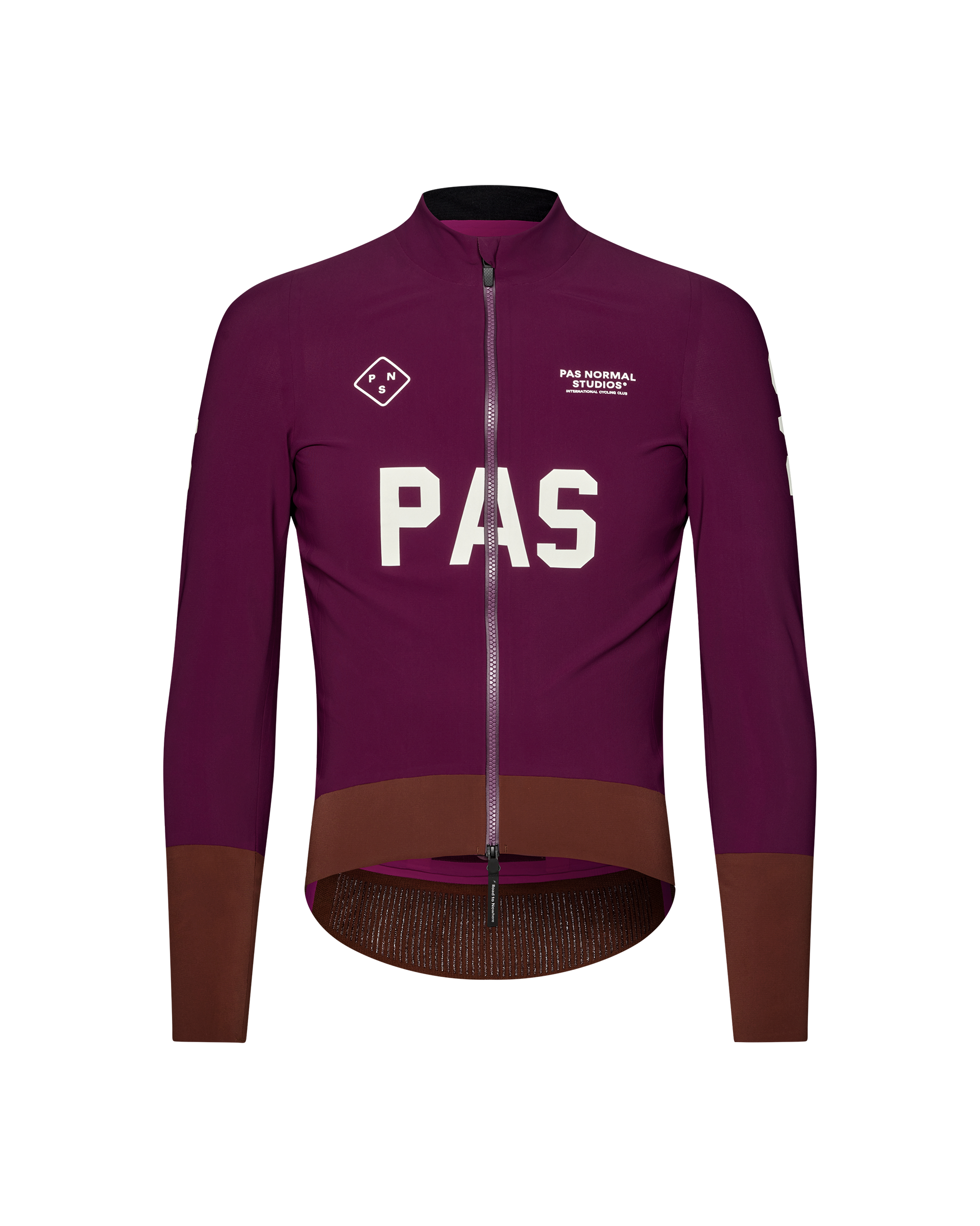 Dark Purple PAS Mechanism Thermal cycling jacket, front flat lay with white chest logo and brown contrast hem panel