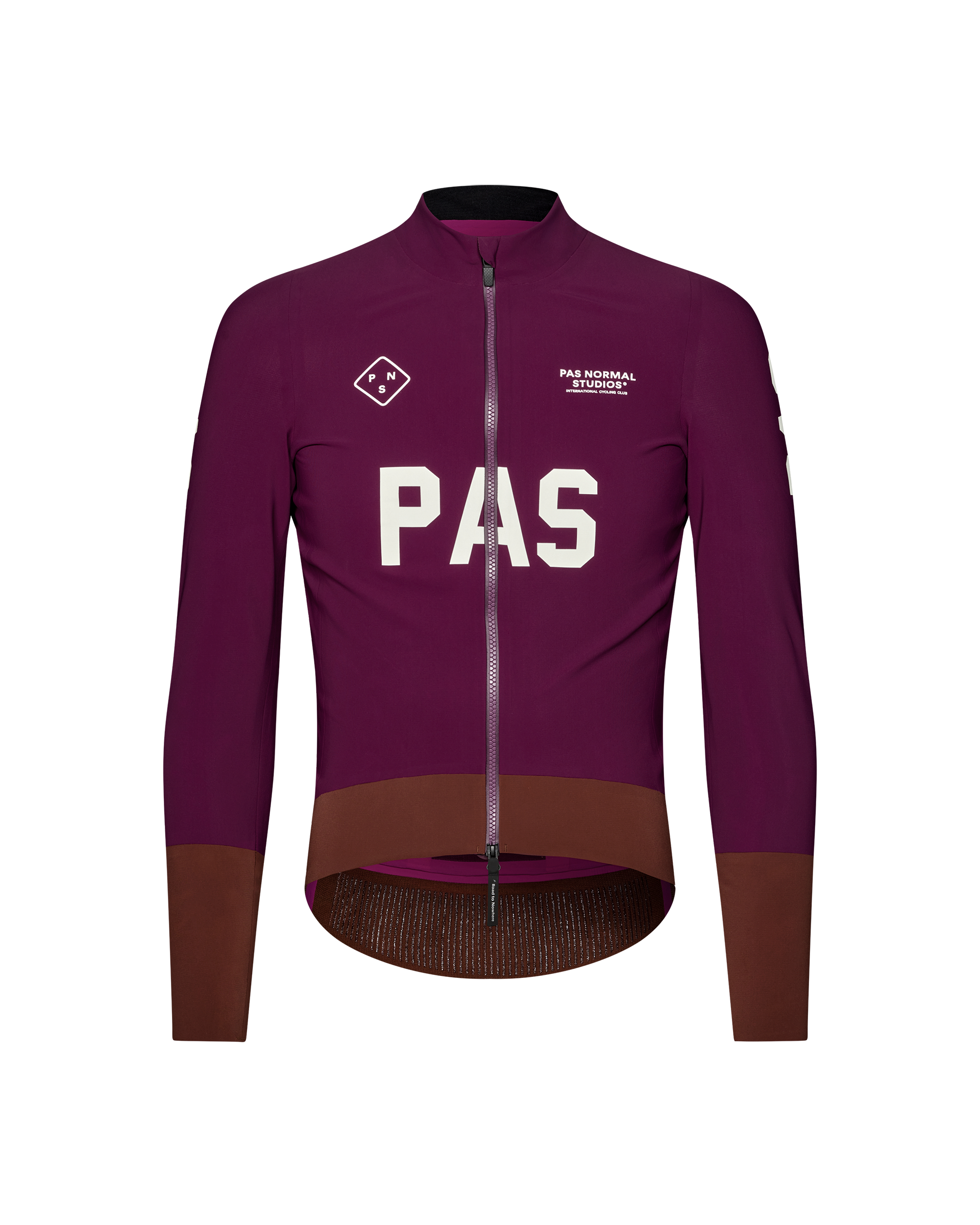 Dark Purple PAS Mechanism Thermal cycling jacket, front flat lay with white chest logo and brown contrast hem panel