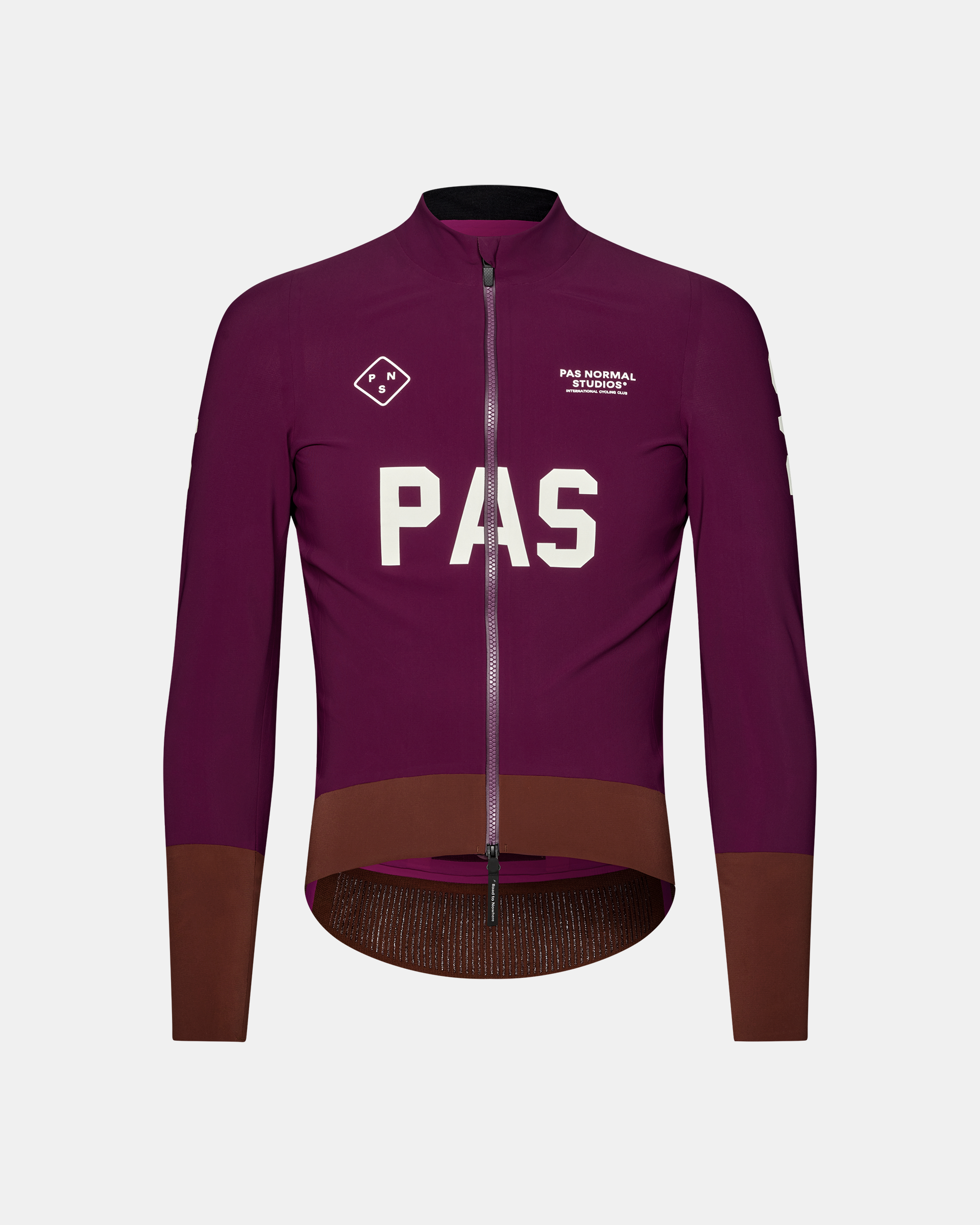 Dark Purple PAS Mechanism Thermal cycling jacket, front flat lay with white chest logo and brown contrast hem panel