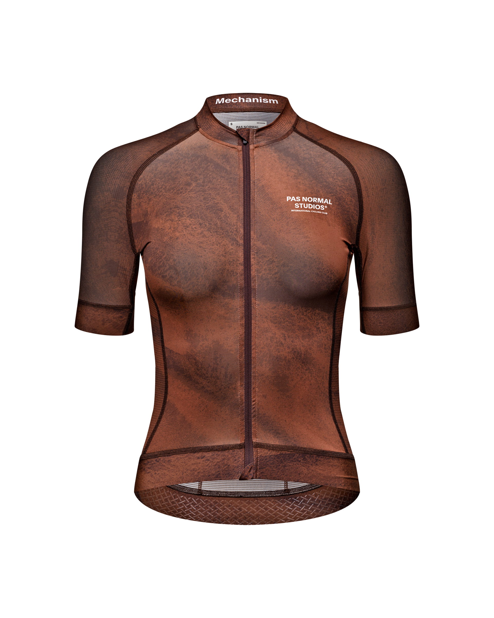 Brown Mechanism cycling jersey, front view with textured pattern and mesh panels