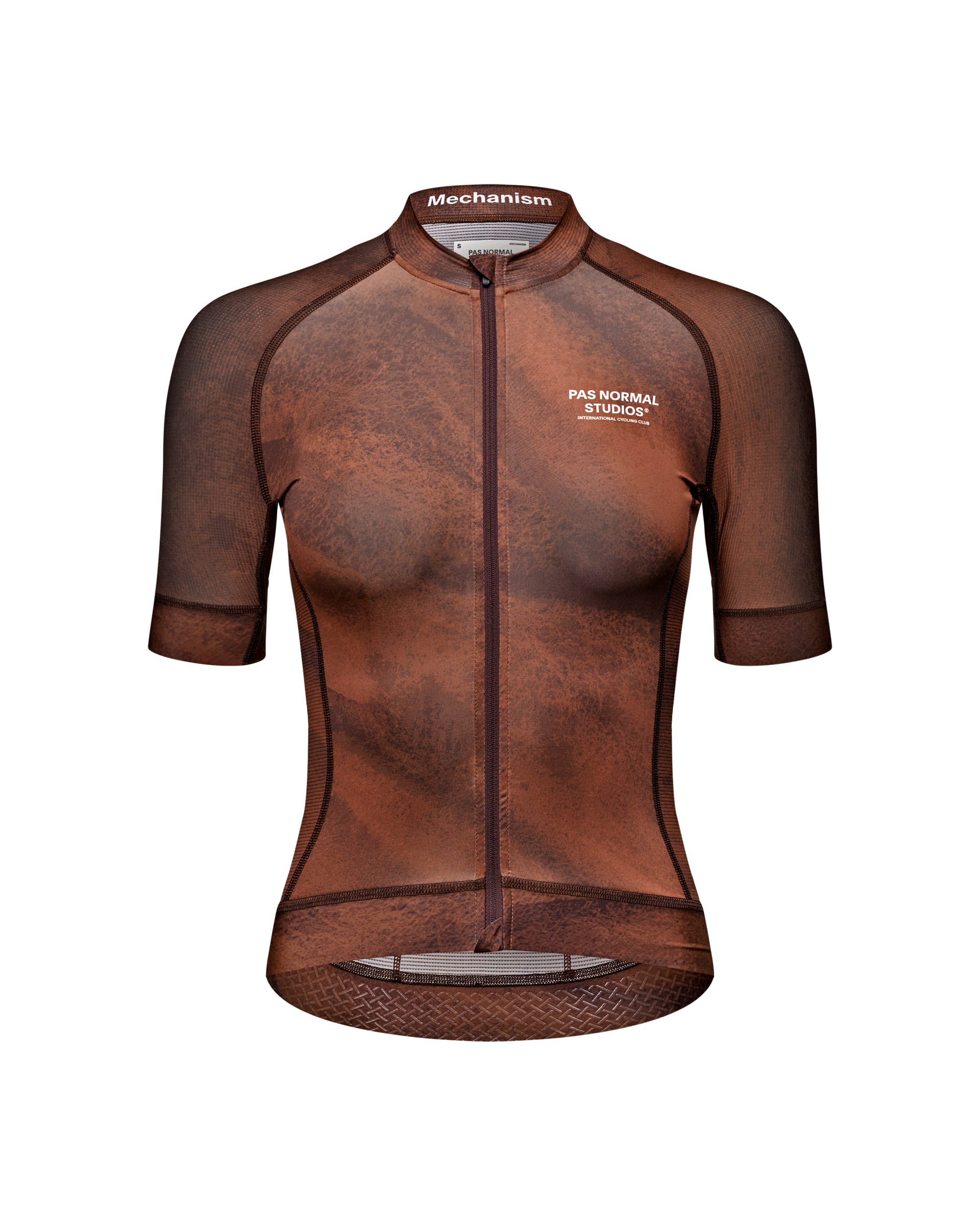 Brown Mechanism cycling jersey, front view with textured pattern and mesh panels