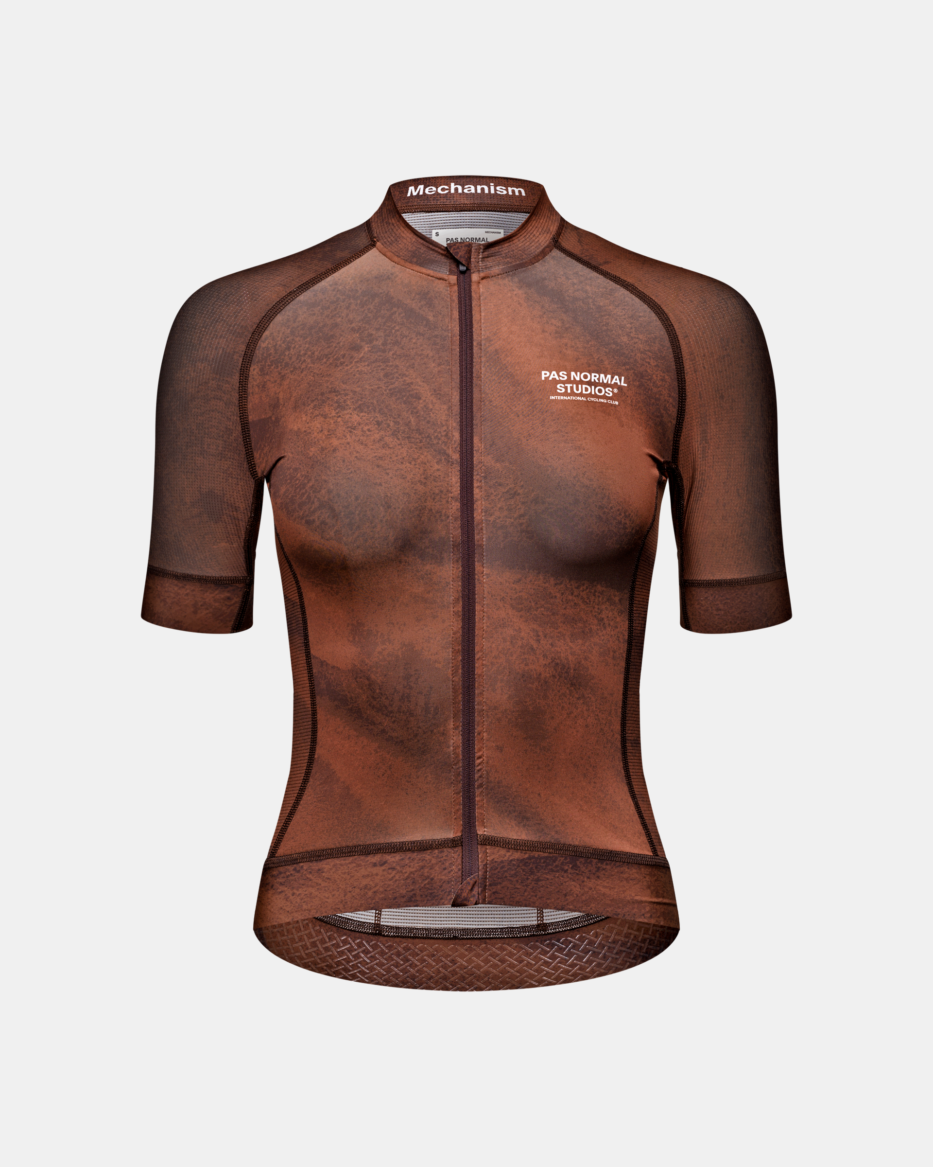 Brown Mechanism cycling jersey, front view with textured pattern and mesh panels
