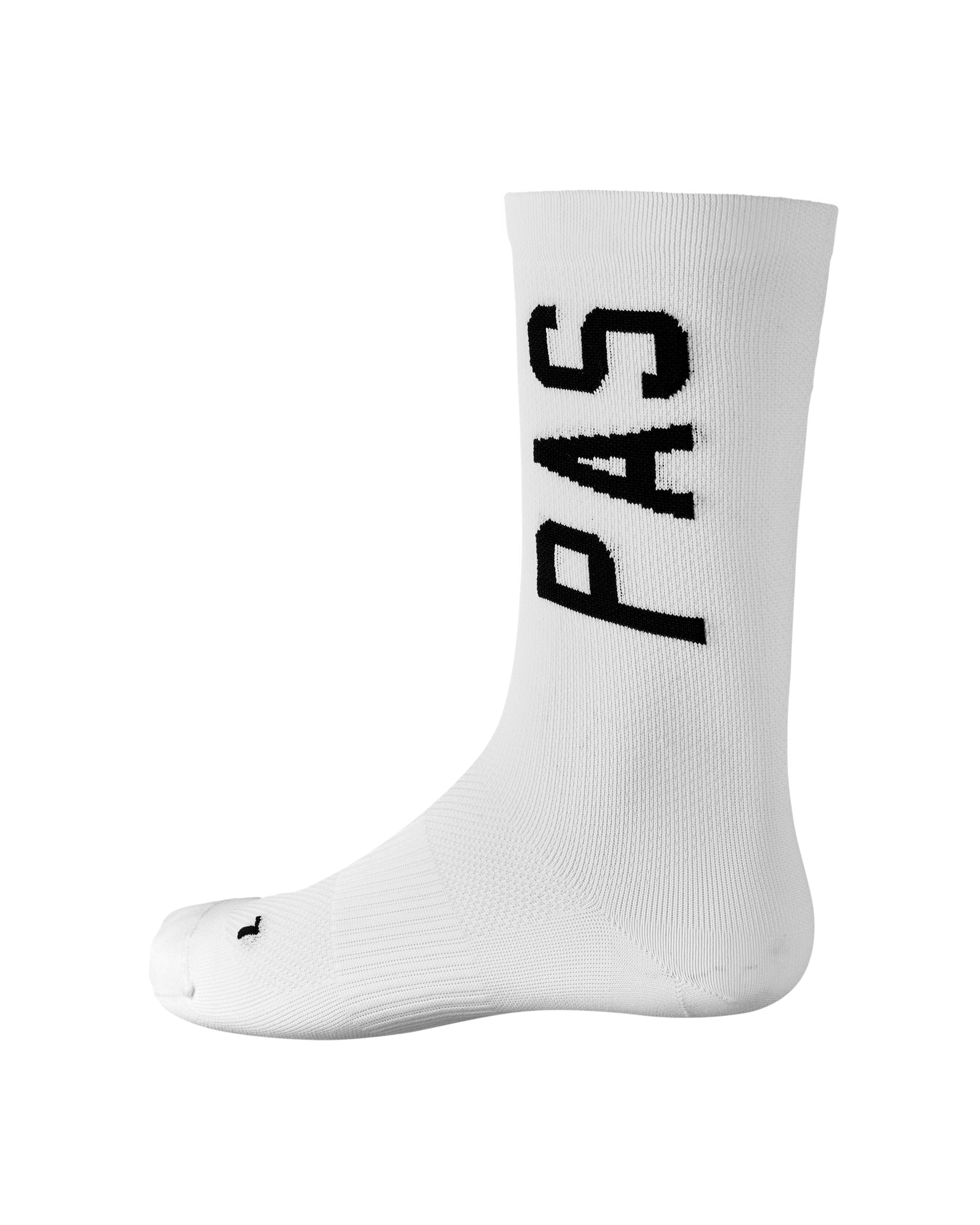 White PAS Race cycling socks, side view with black logo text