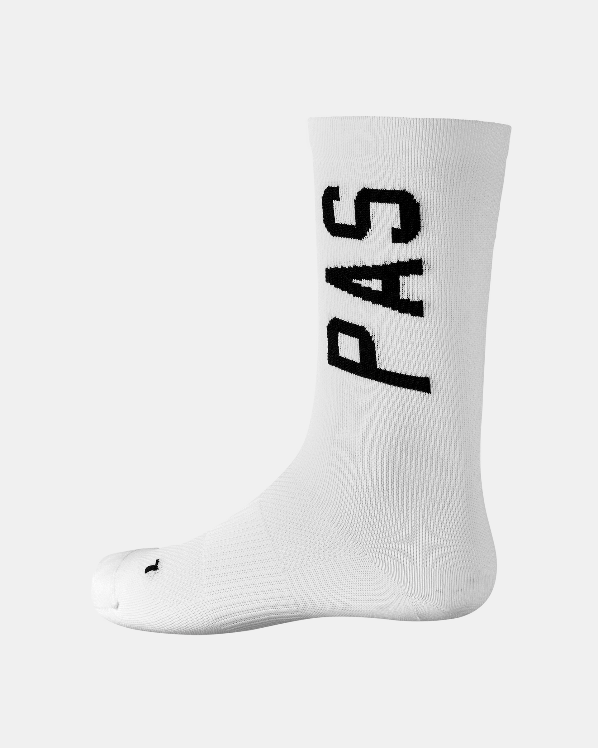 White PAS Race cycling socks, side view with black logo text