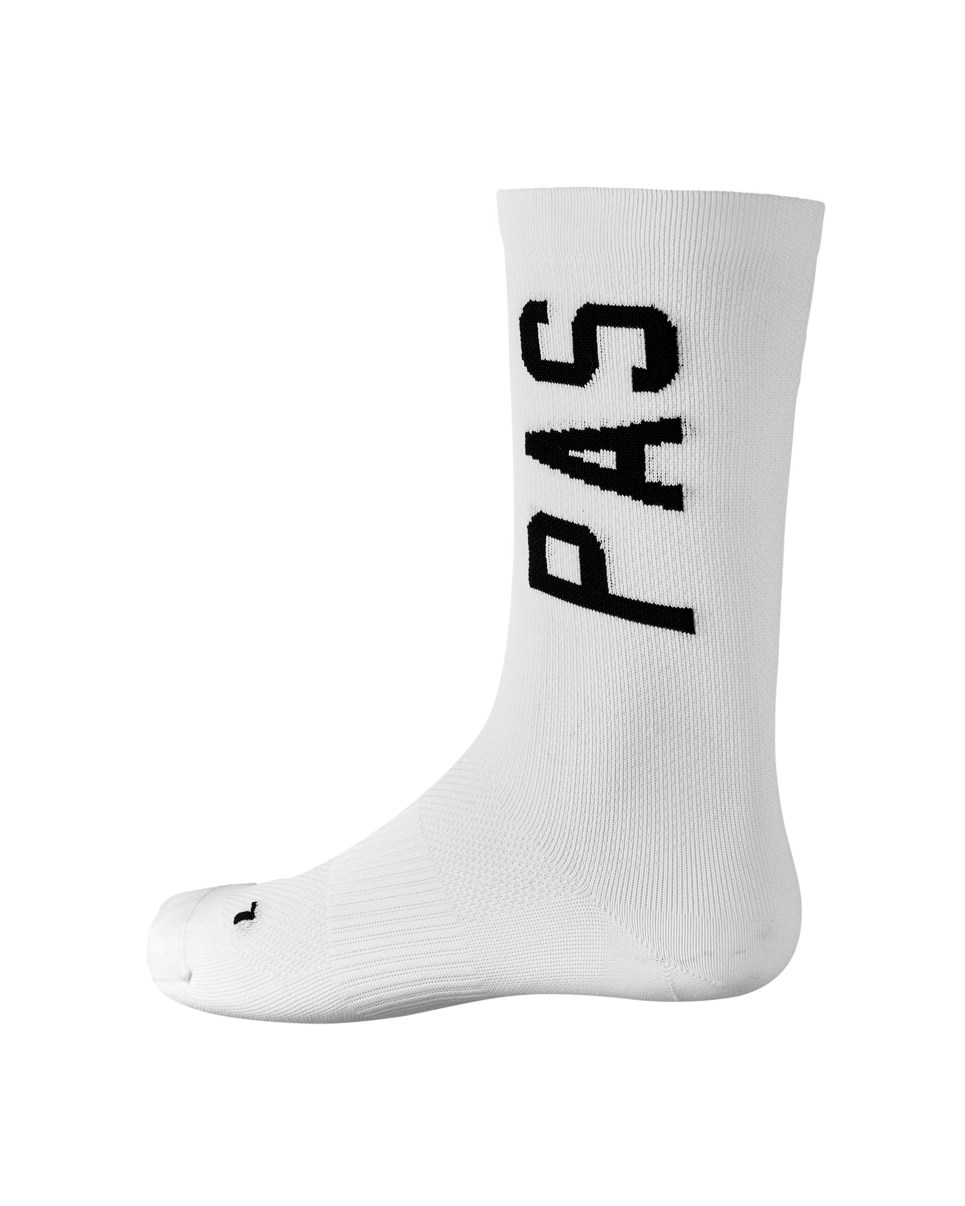 White PAS Race cycling socks, side view with black logo text