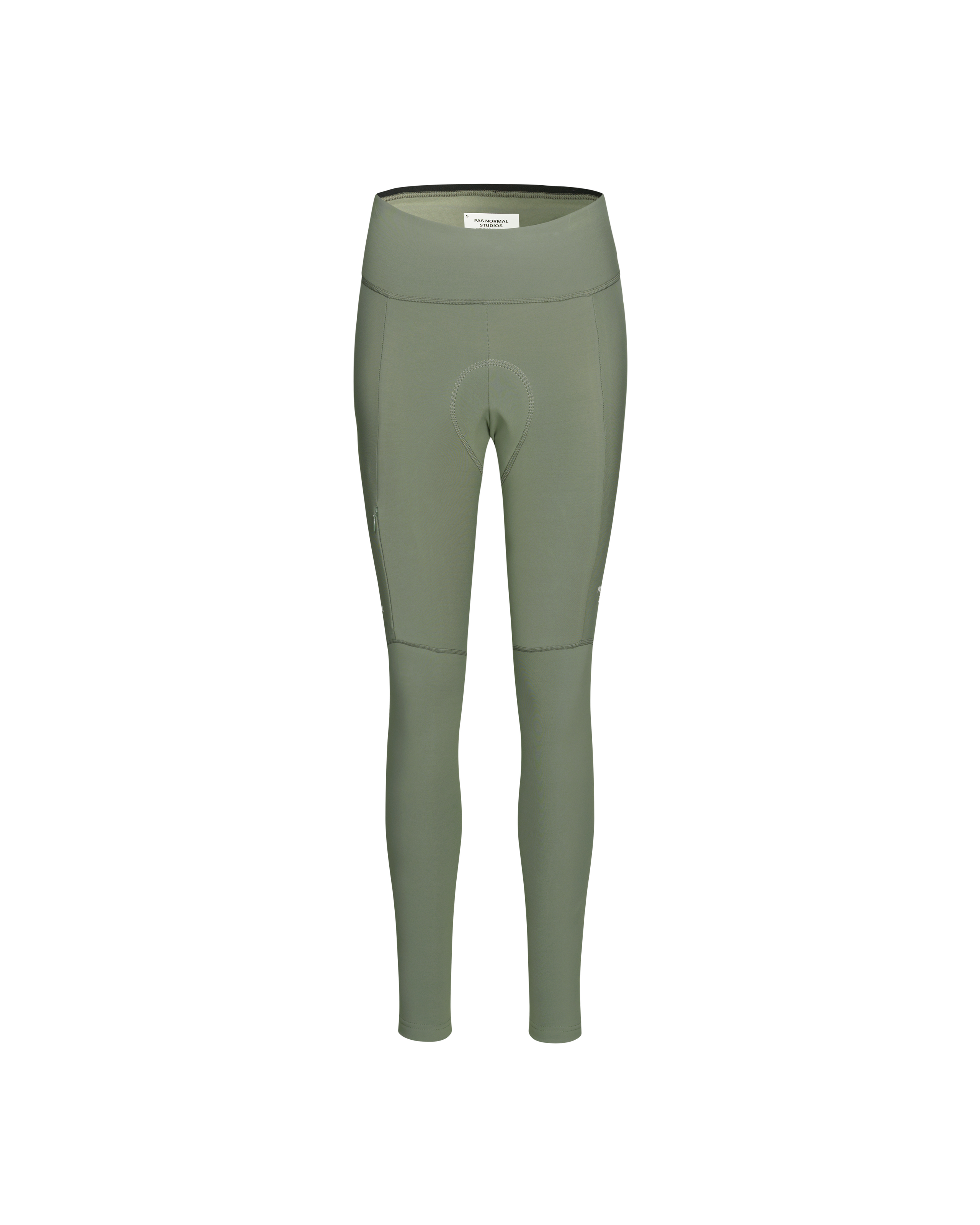 Green Essential Thermal Long cycling tights, front view with high waistband