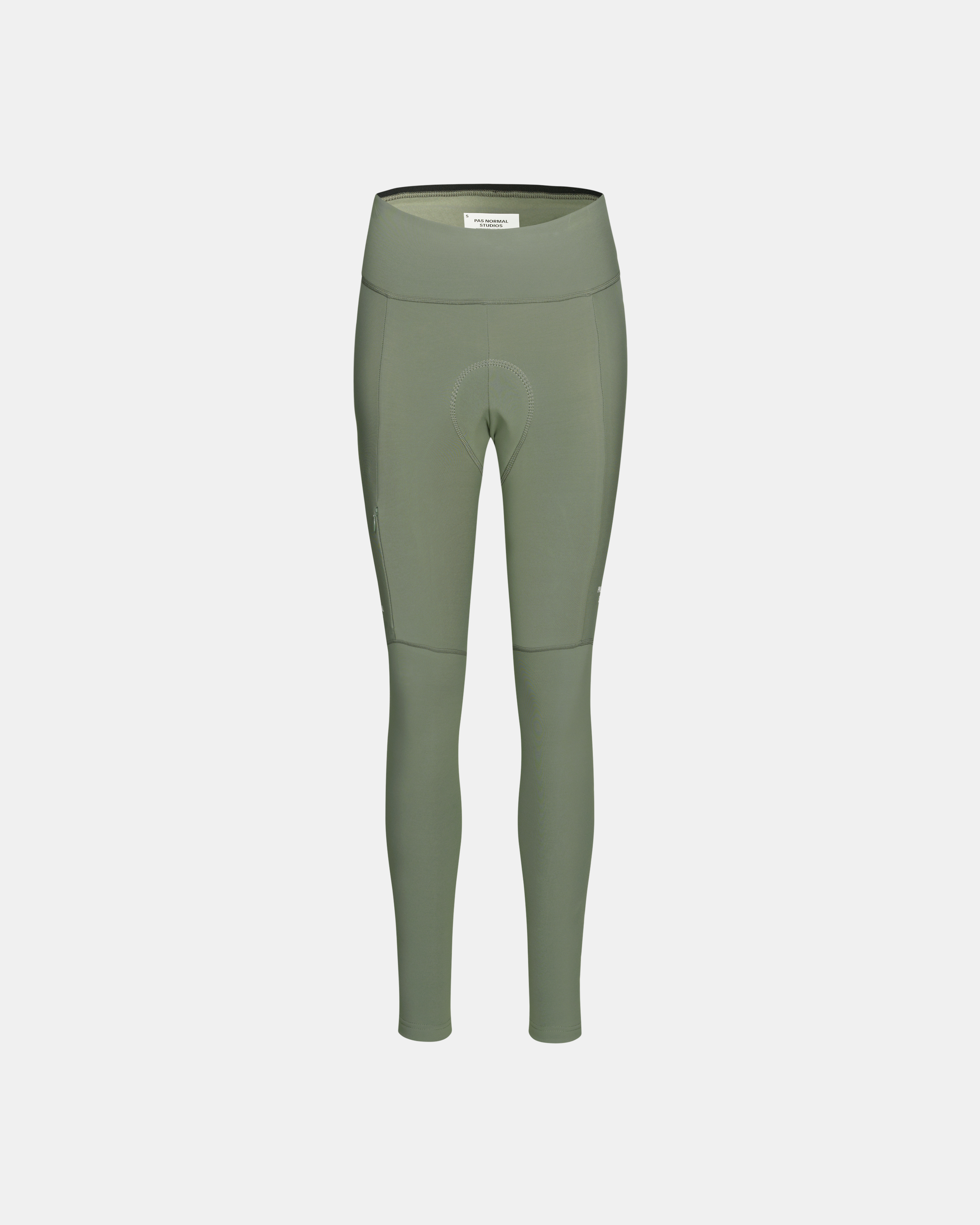 Green Essential Thermal Long cycling tights, front view with high waistband