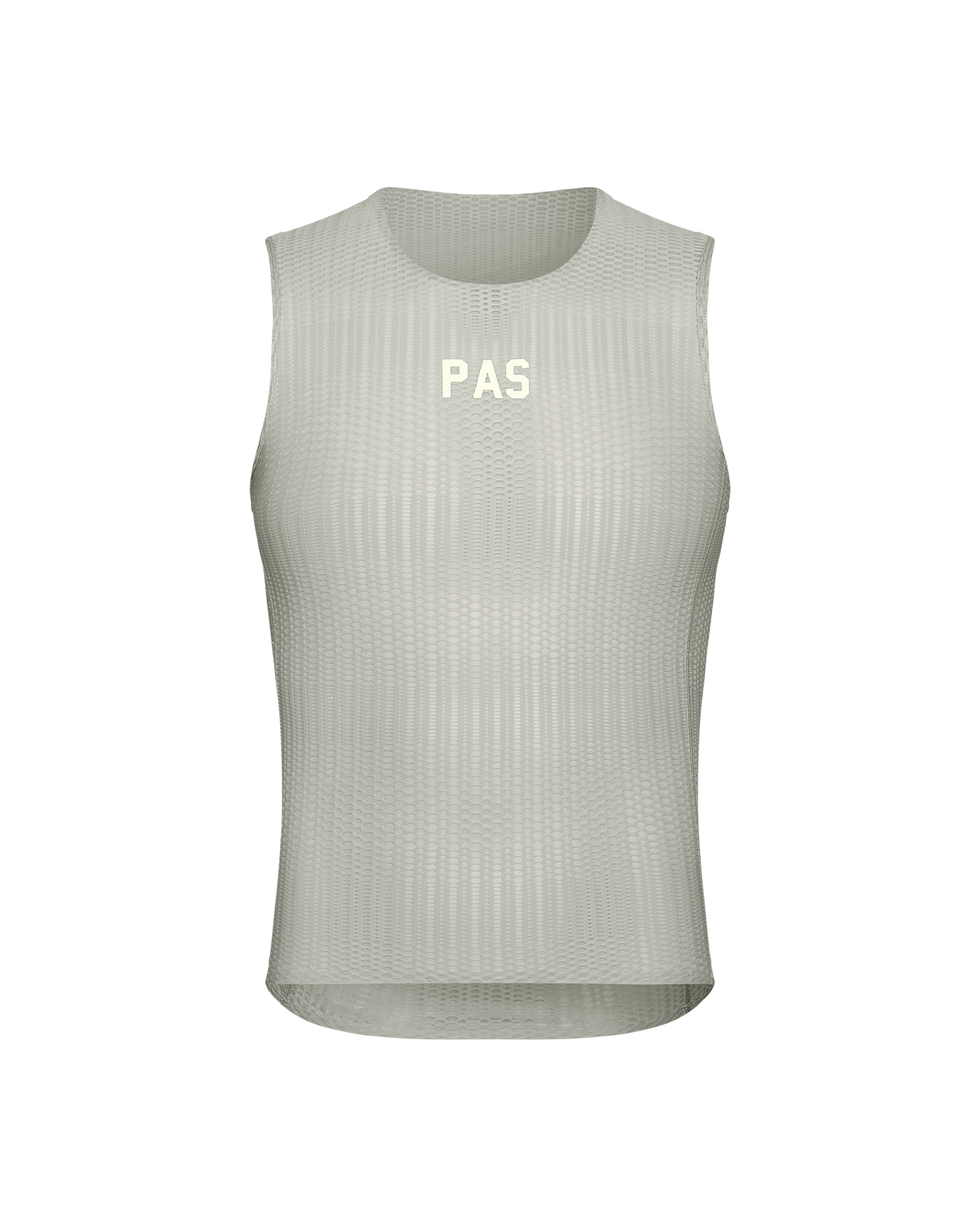 Light Grey PAS Mechanism Pro Sleeveless cycling base layer, front view with mesh construction