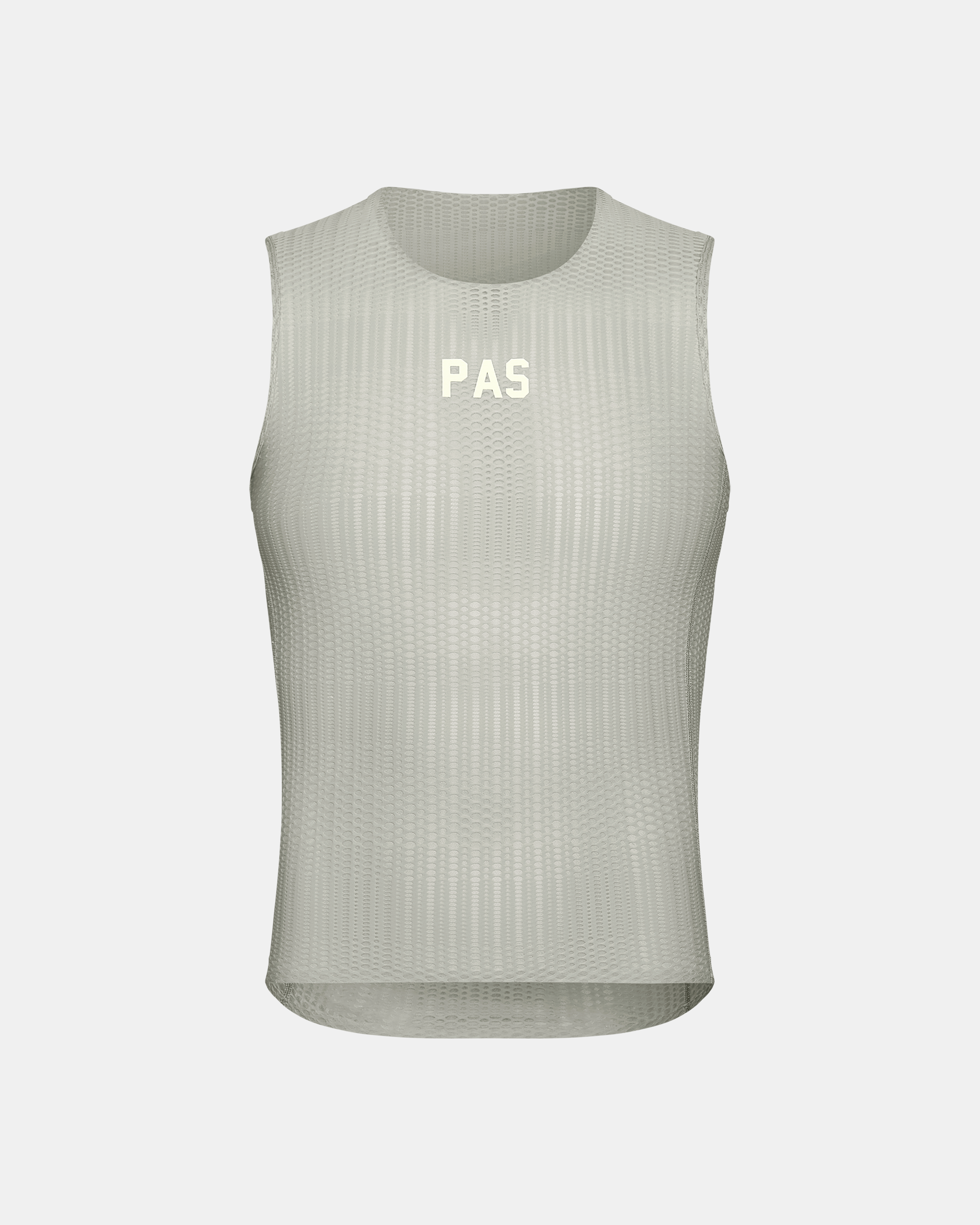 Light Grey PAS Mechanism Pro Sleeveless cycling base layer, front view with mesh construction