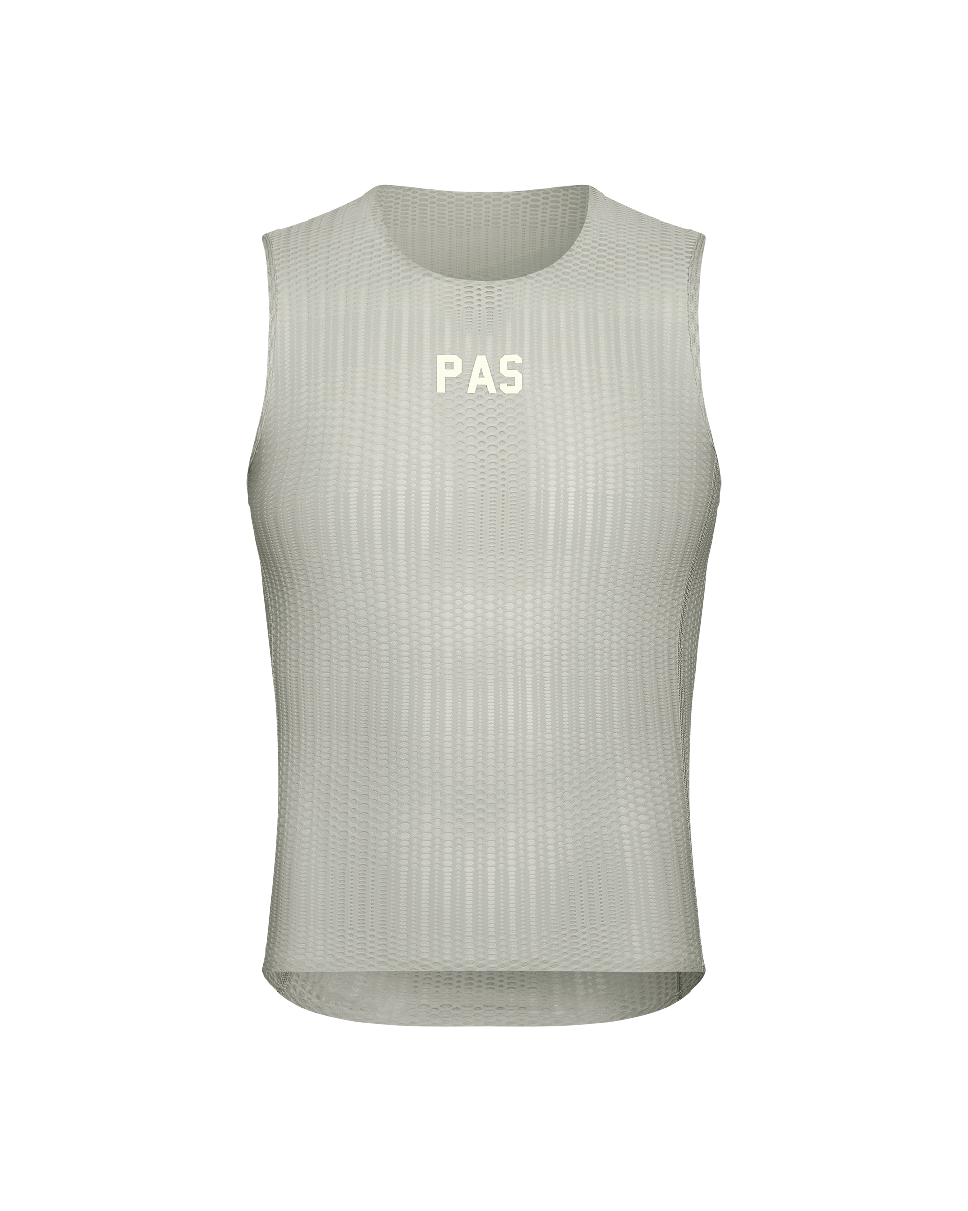 Light Grey PAS Mechanism Pro Sleeveless cycling base layer, front view with mesh construction