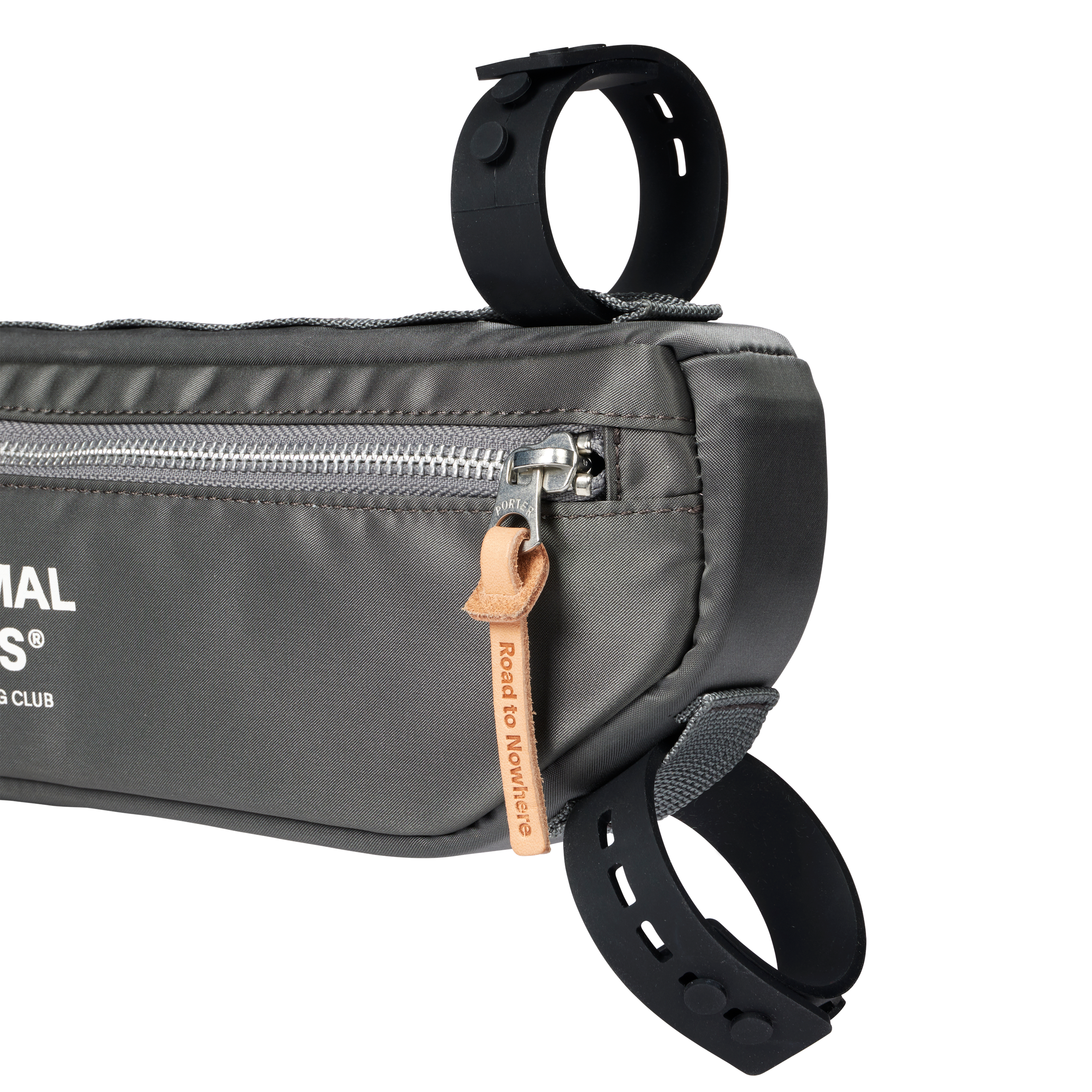 Grey Porter-Yoshida frame bag, detail view showing zip with tan leather pull tab and black mounting straps