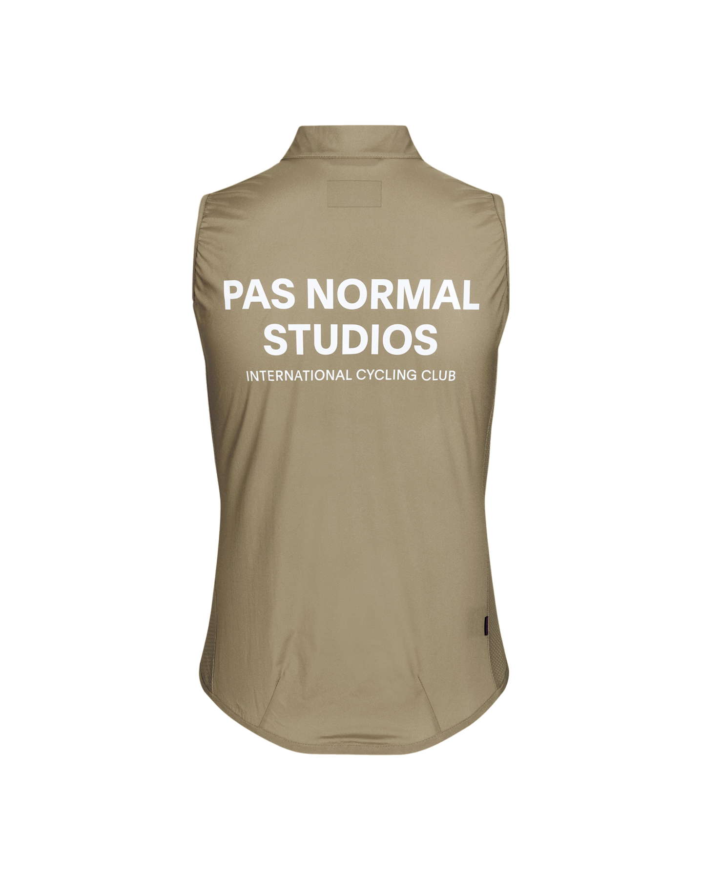 Beige Mechanism Stow Away gilet, rear view with white back print