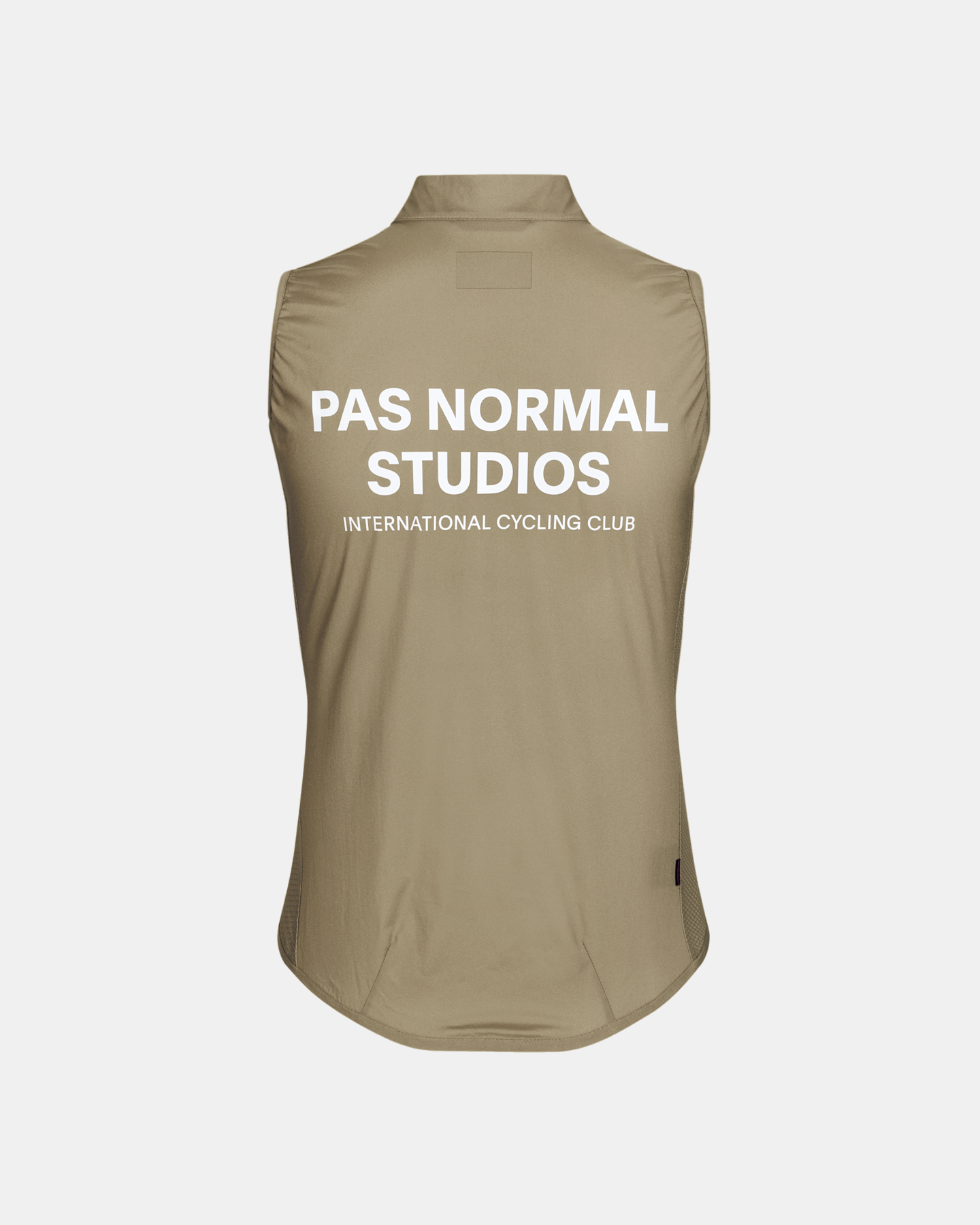 Beige Mechanism Stow Away gilet, rear view with white back print