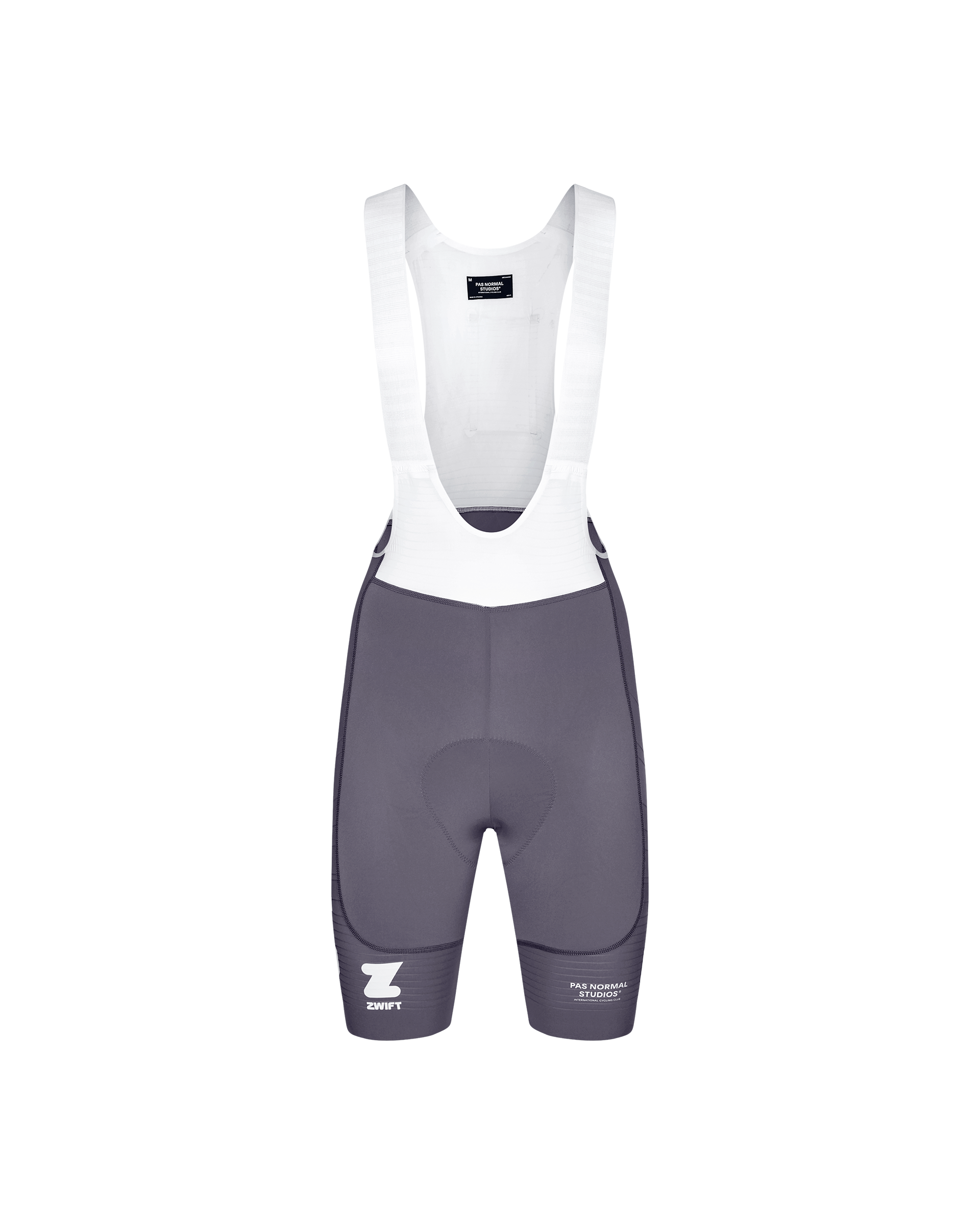 Grey PAS Mechanism Pro cycling bibs, front flat lay with white bib straps and Zwift co-branding