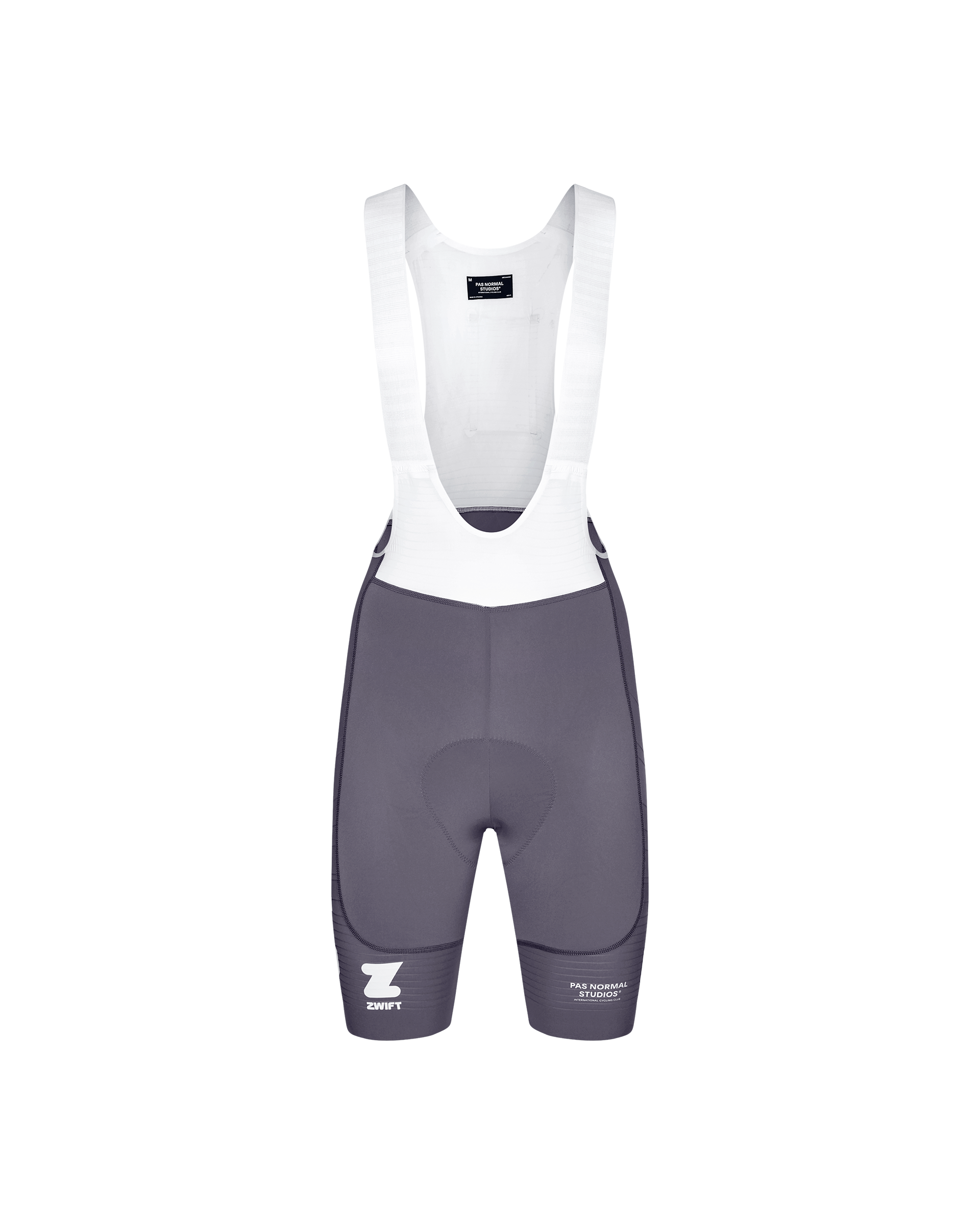 Grey PAS Mechanism Pro cycling bibs, front flat lay with white bib straps and Zwift co-branding