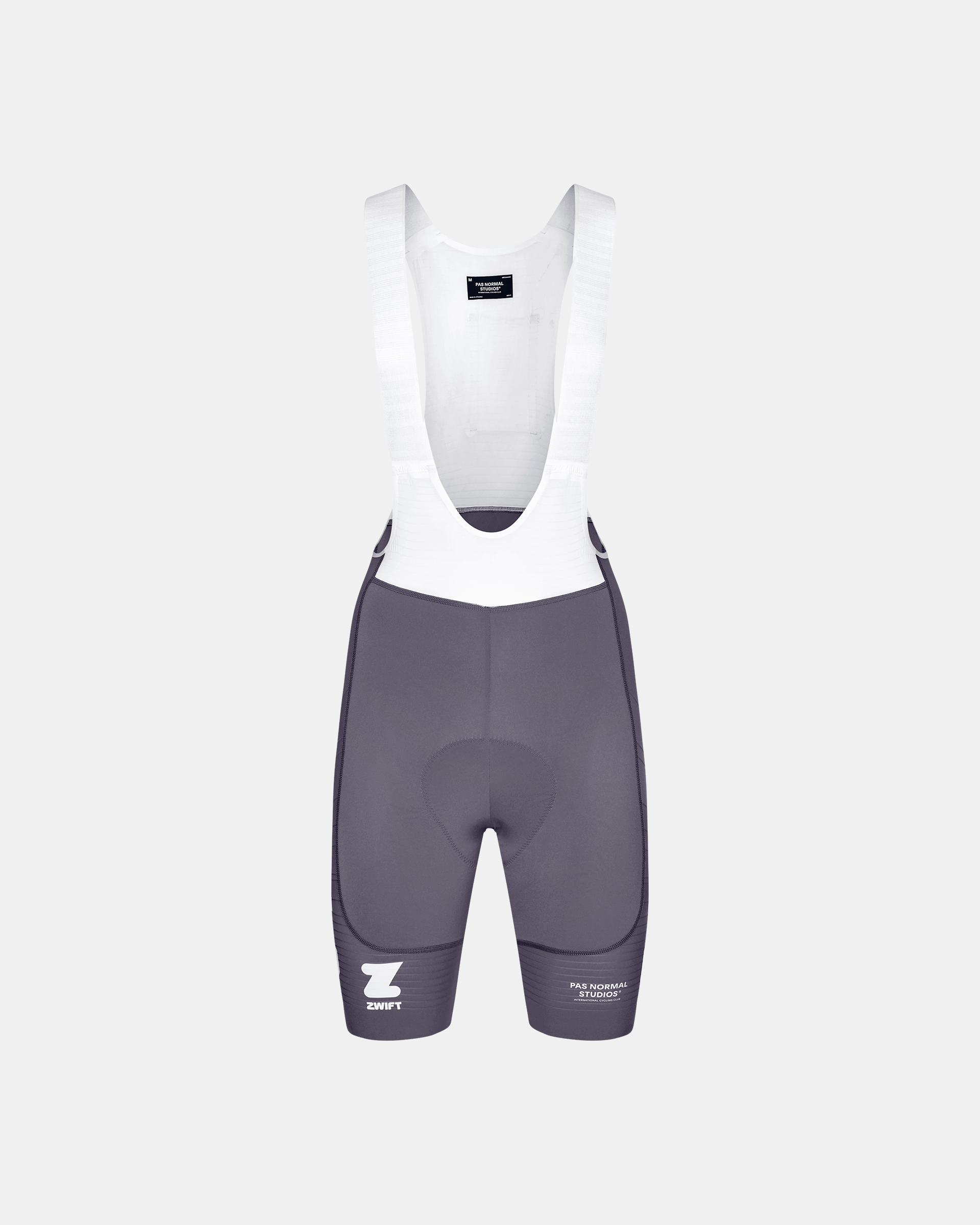 Grey PAS Mechanism Pro cycling bibs, front flat lay with white bib straps and Zwift co-branding
