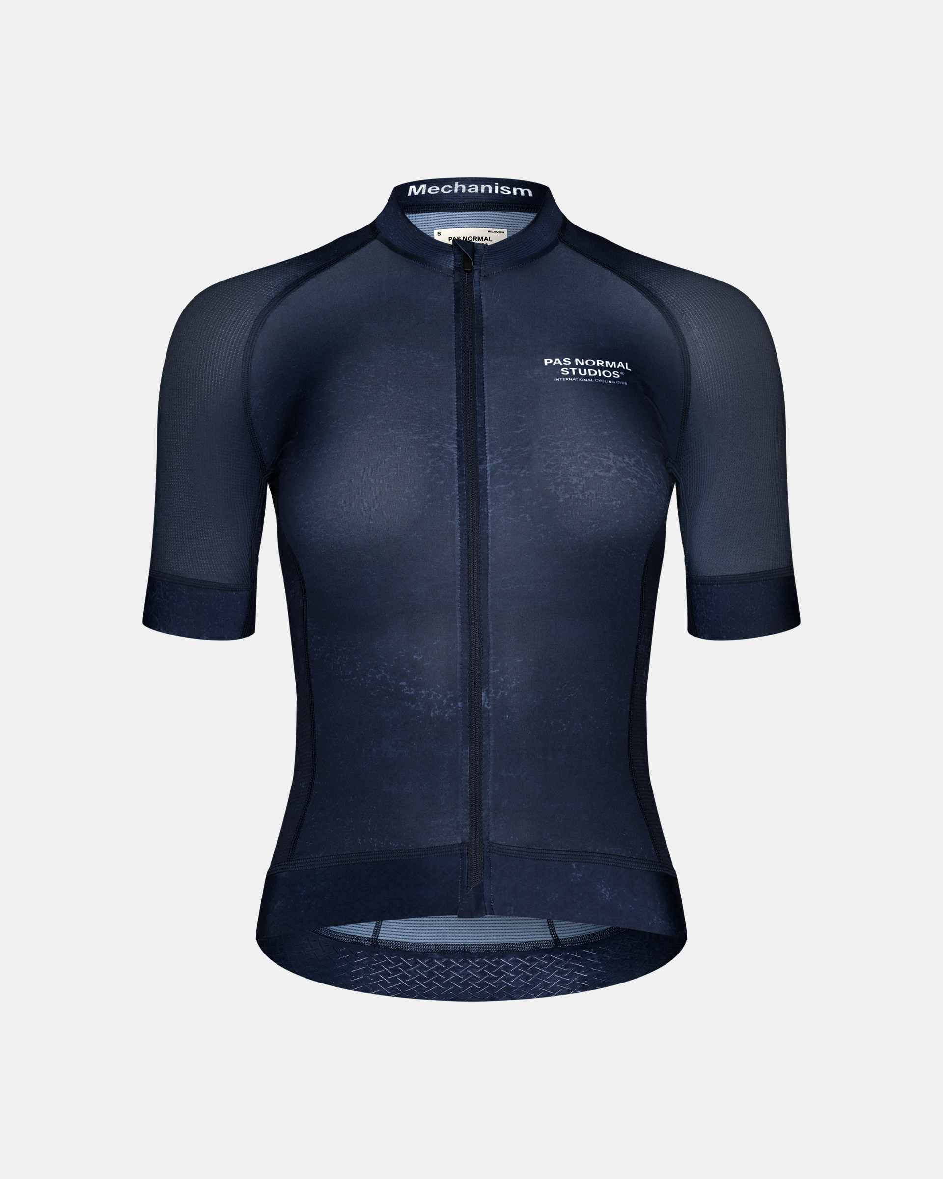Navy Mechanism cycling jersey, front view with mesh sleeve panels