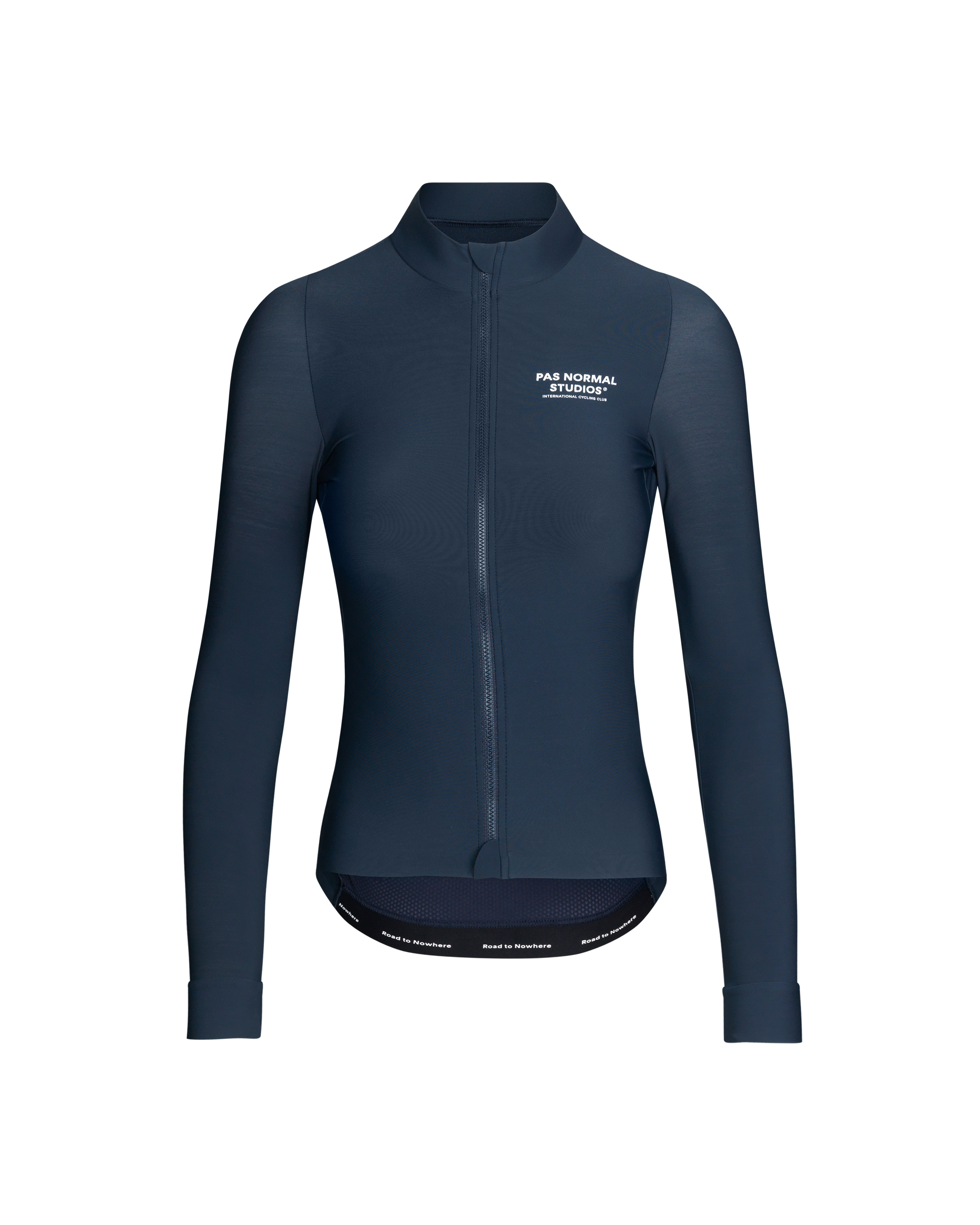 Navy Mechanism long sleeve cycling jersey, front view with white chest logo