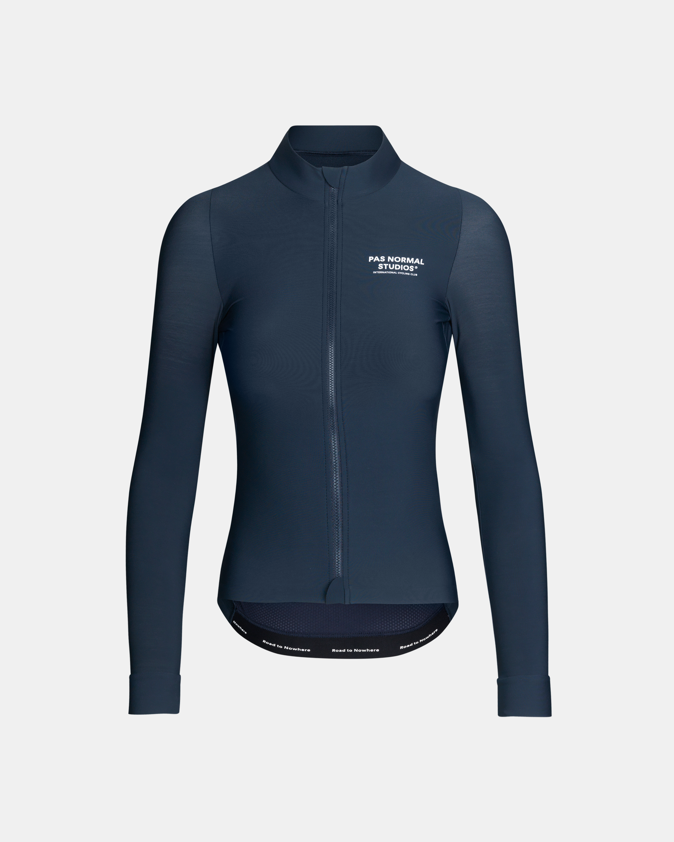 Navy Mechanism long sleeve cycling jersey, front view with white chest logo
