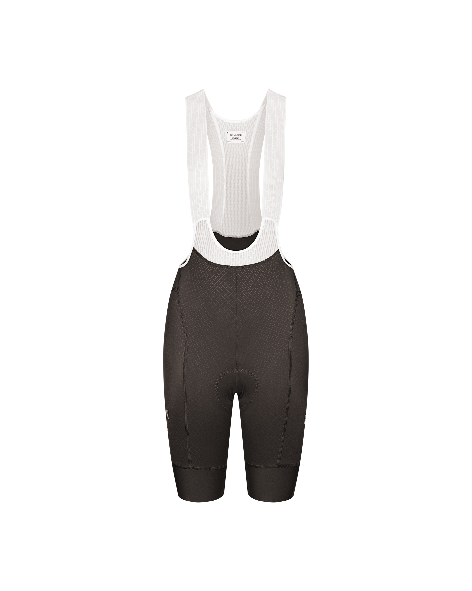 Dark Grey Mechanism cycling bibs, front flat lay with white ribbed bib straps