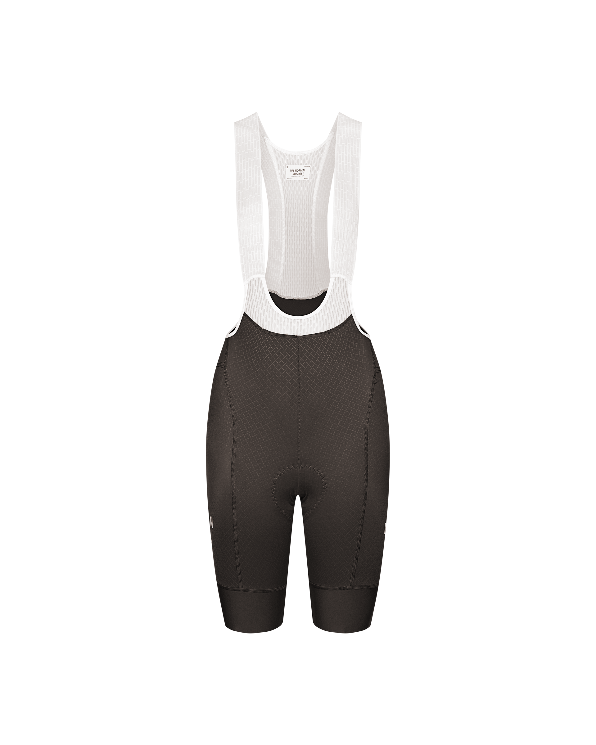Dark Grey Mechanism cycling bibs, front flat lay with white ribbed bib straps
