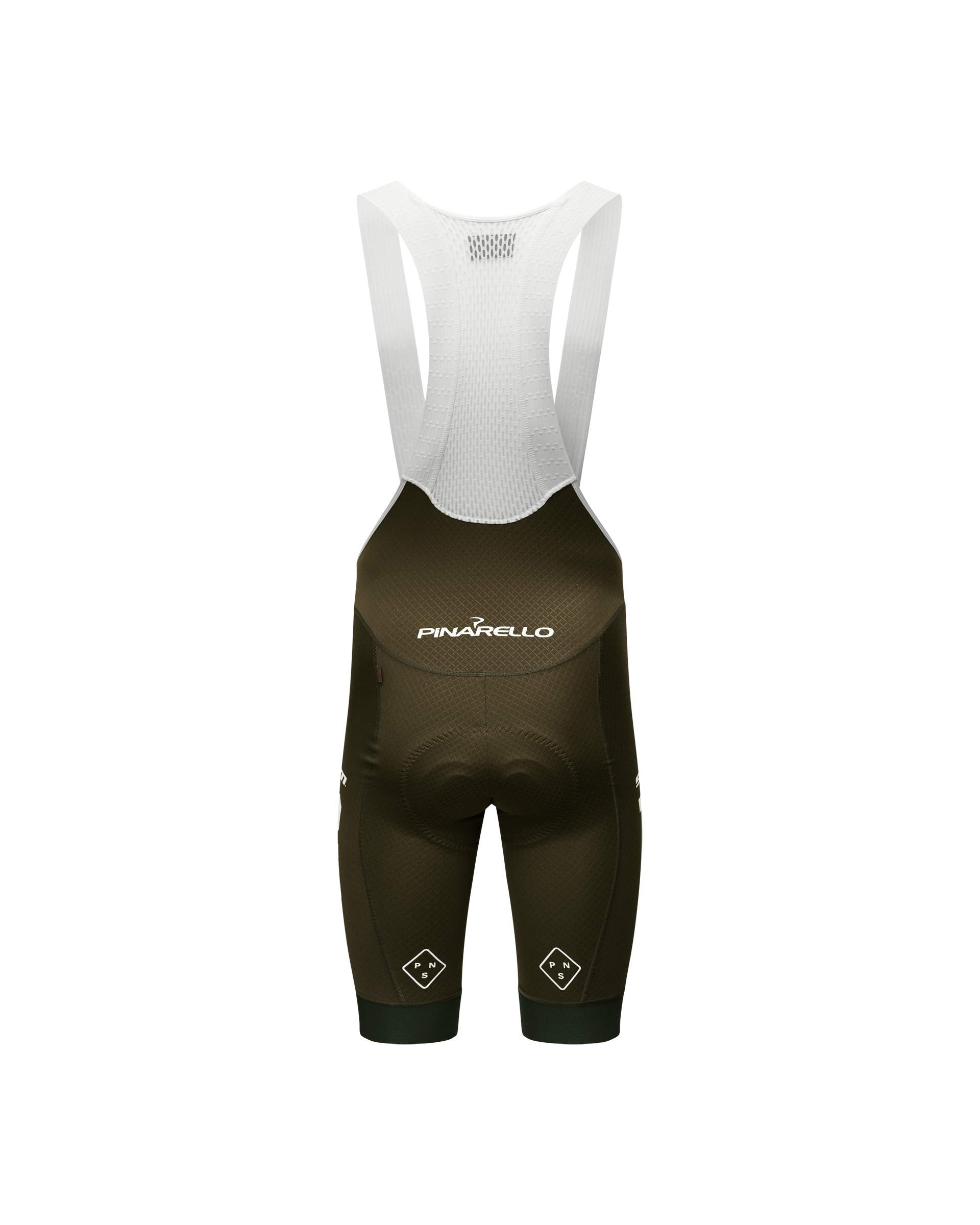 Dark Olive STFR Mechanism cycling bibs, front flat lay with white mesh bib straps