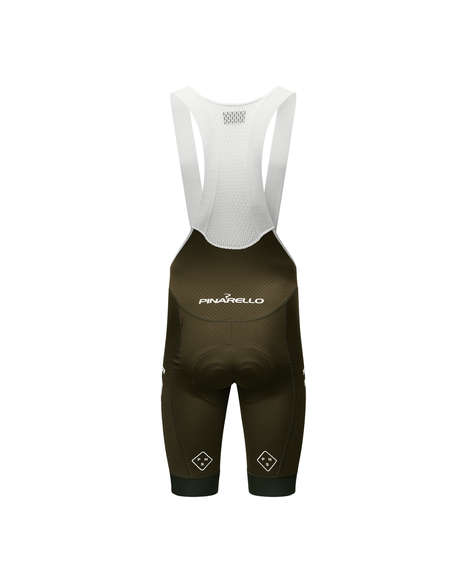 Dark Olive STFR Mechanism cycling bibs, front flat lay with white mesh bib straps
