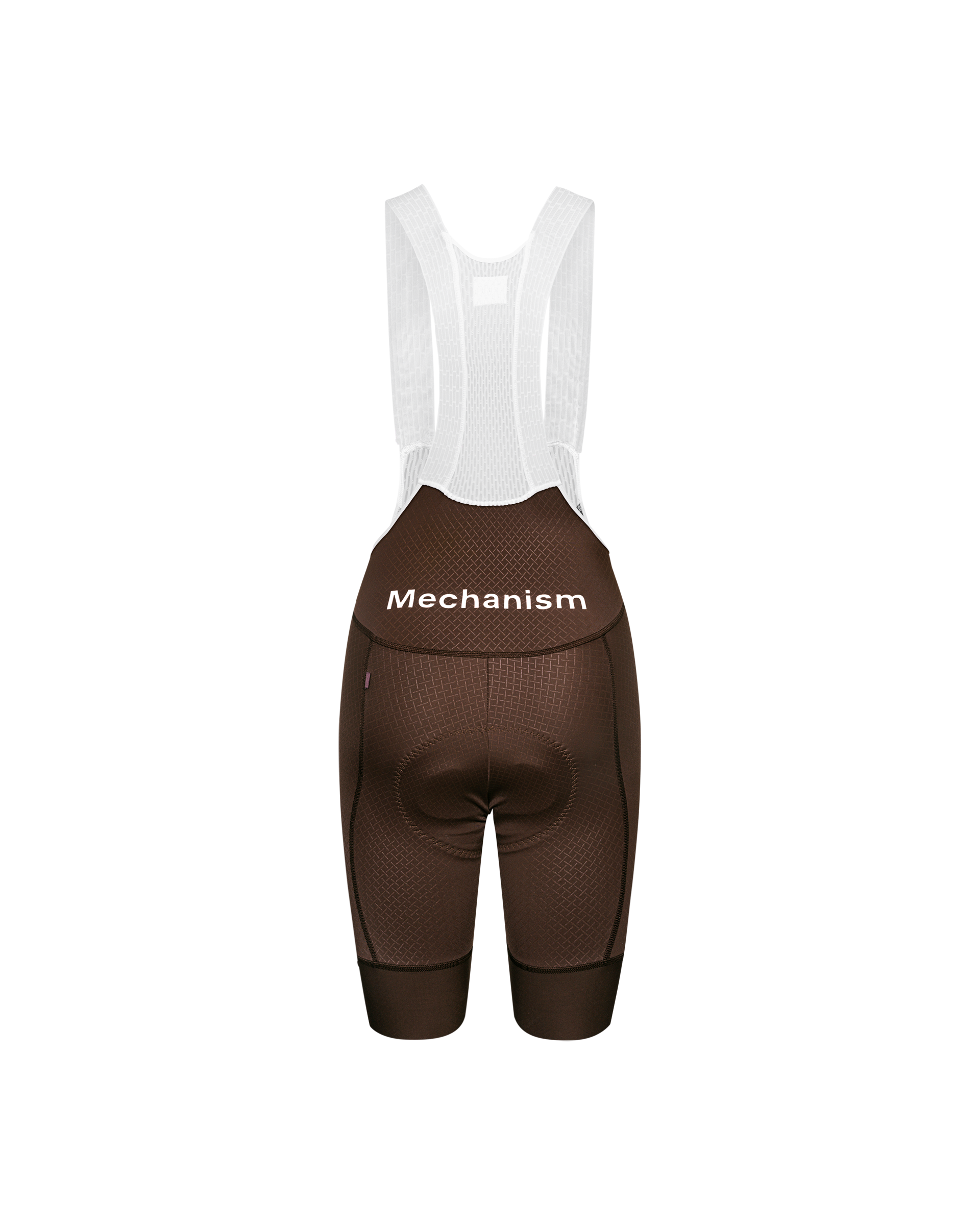 Light Brown Mechanism cycling bibs, rear flat lay with white mesh bib straps