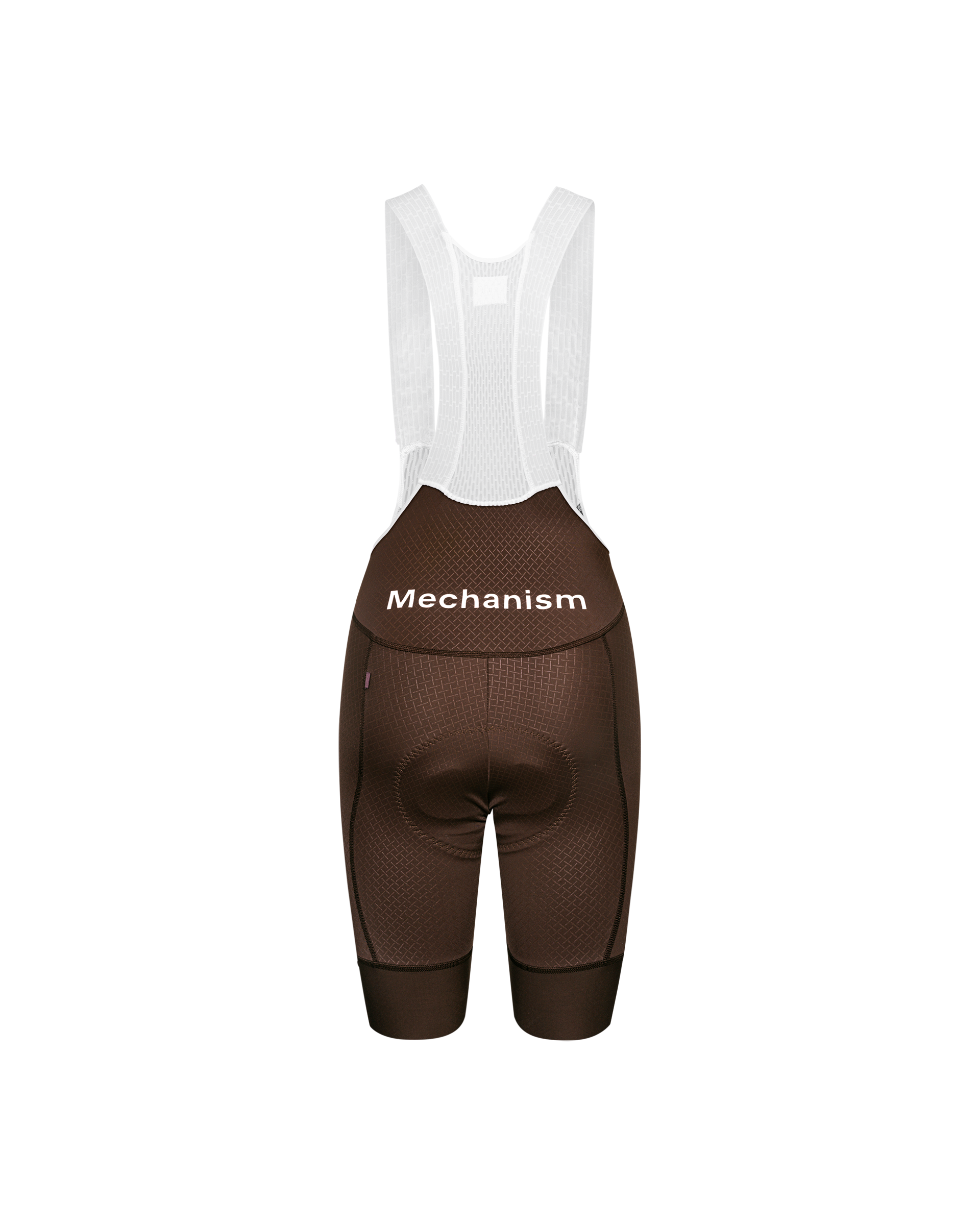 Light Brown Mechanism cycling bibs, rear flat lay with white mesh bib straps
