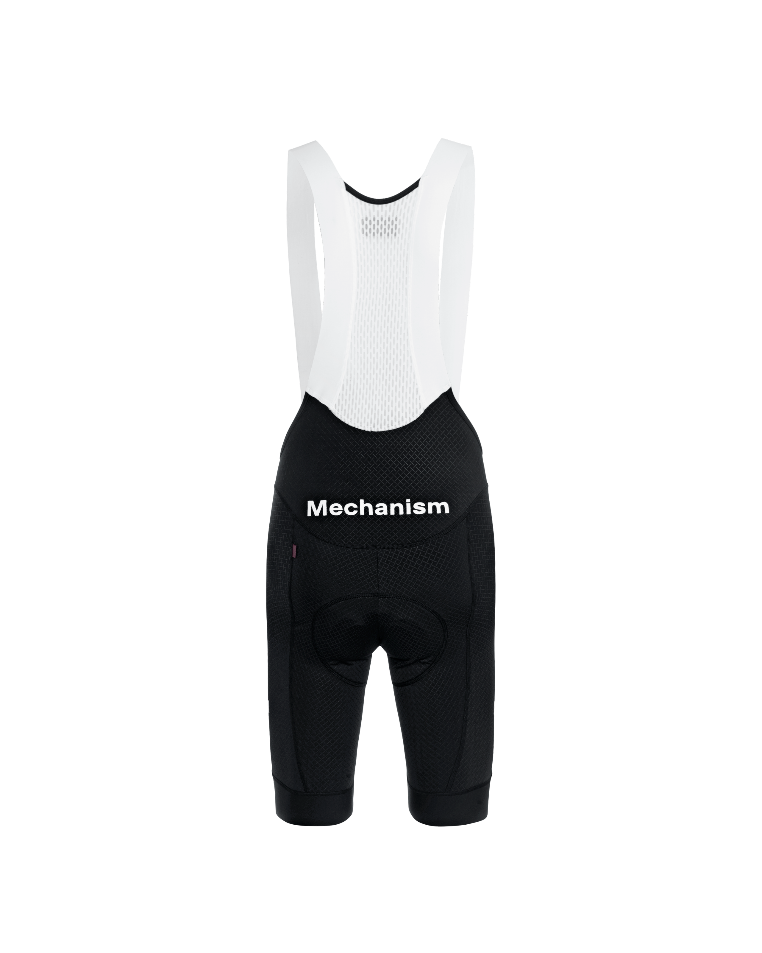 Black Mechanism cycling bibs, front flat lay with white mesh bib and black contrast text