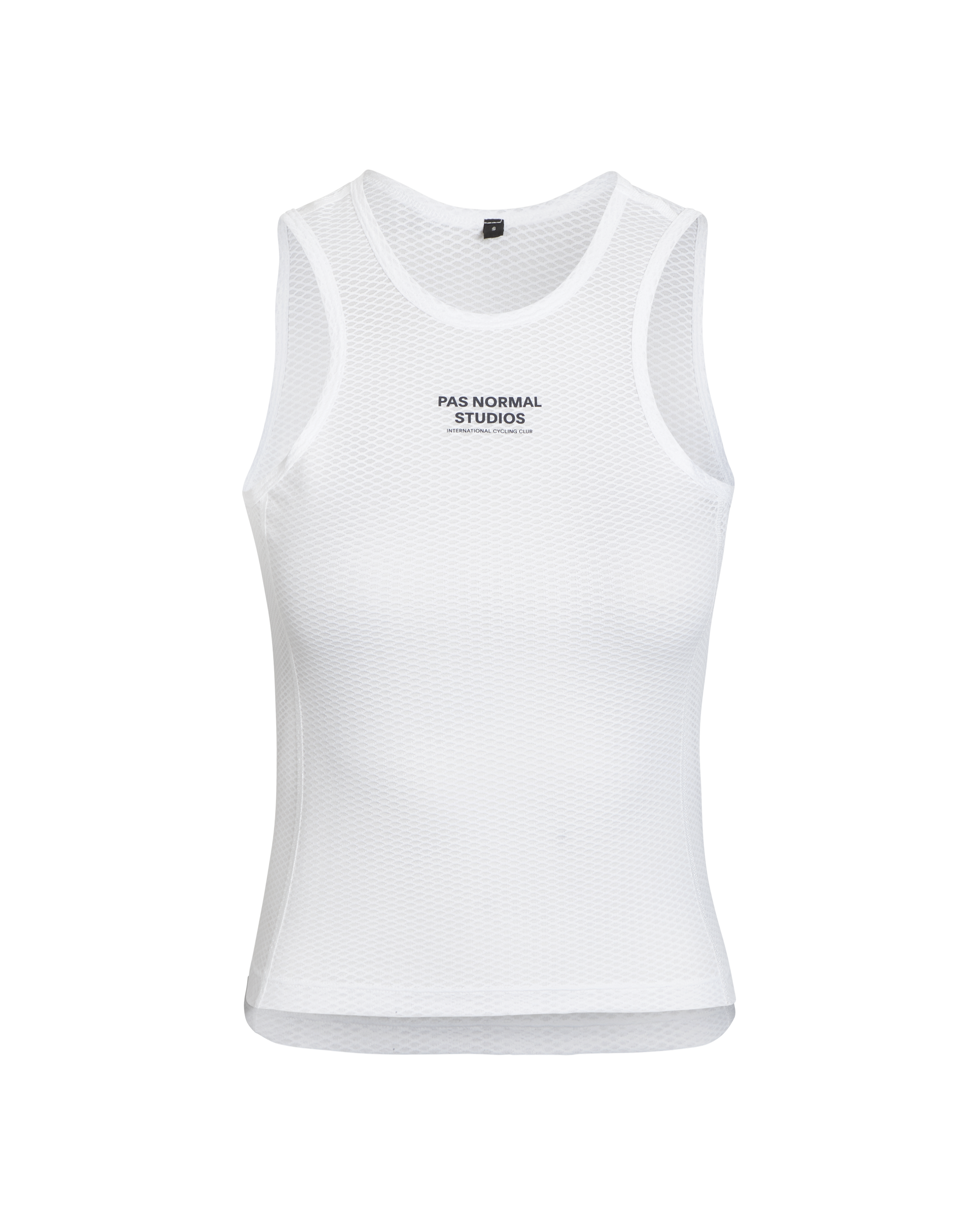 White Mechanism sleeveless base layer, front view with mesh texture and black chest logo