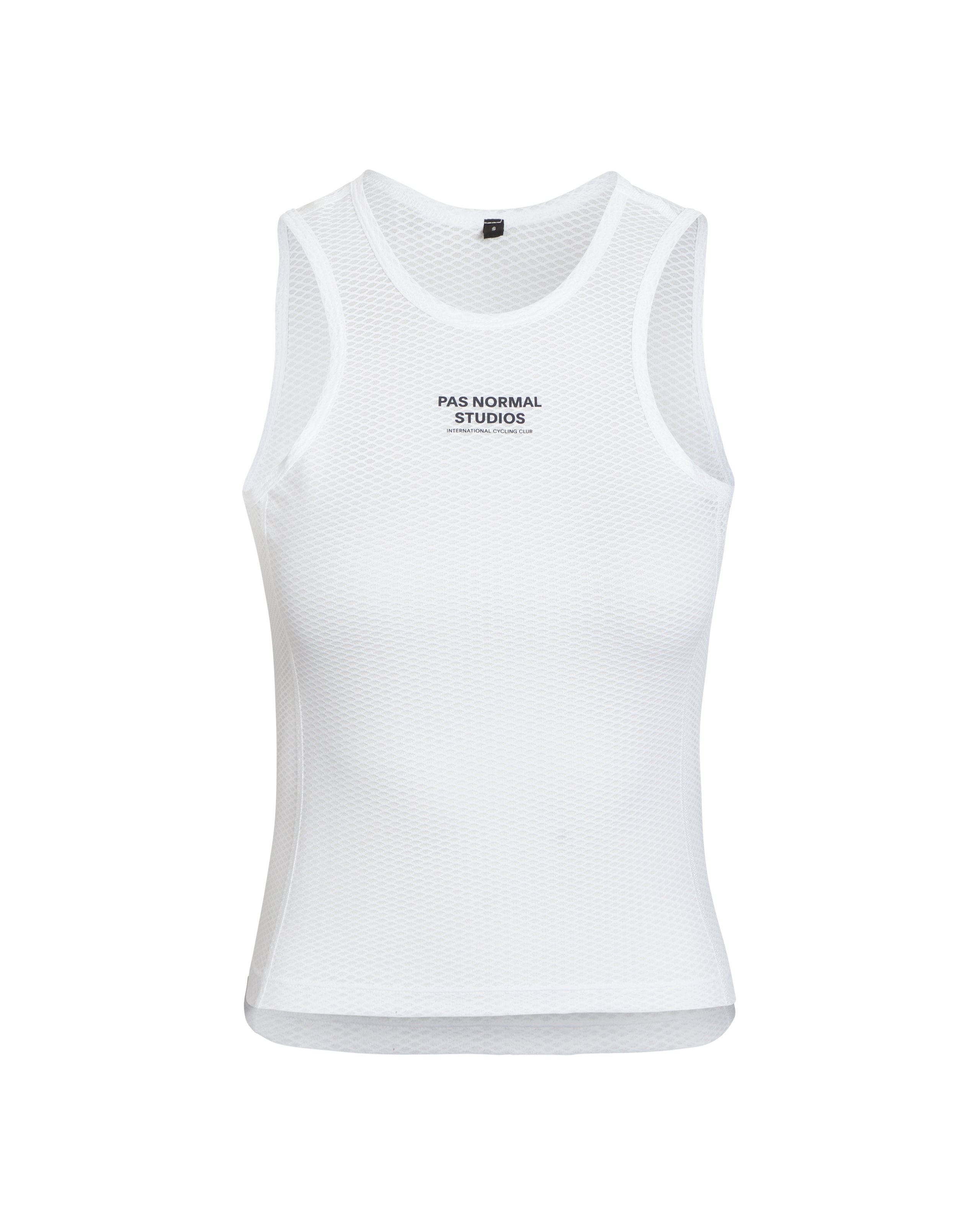 White Mechanism sleeveless base layer, front view with mesh texture and black chest logo
