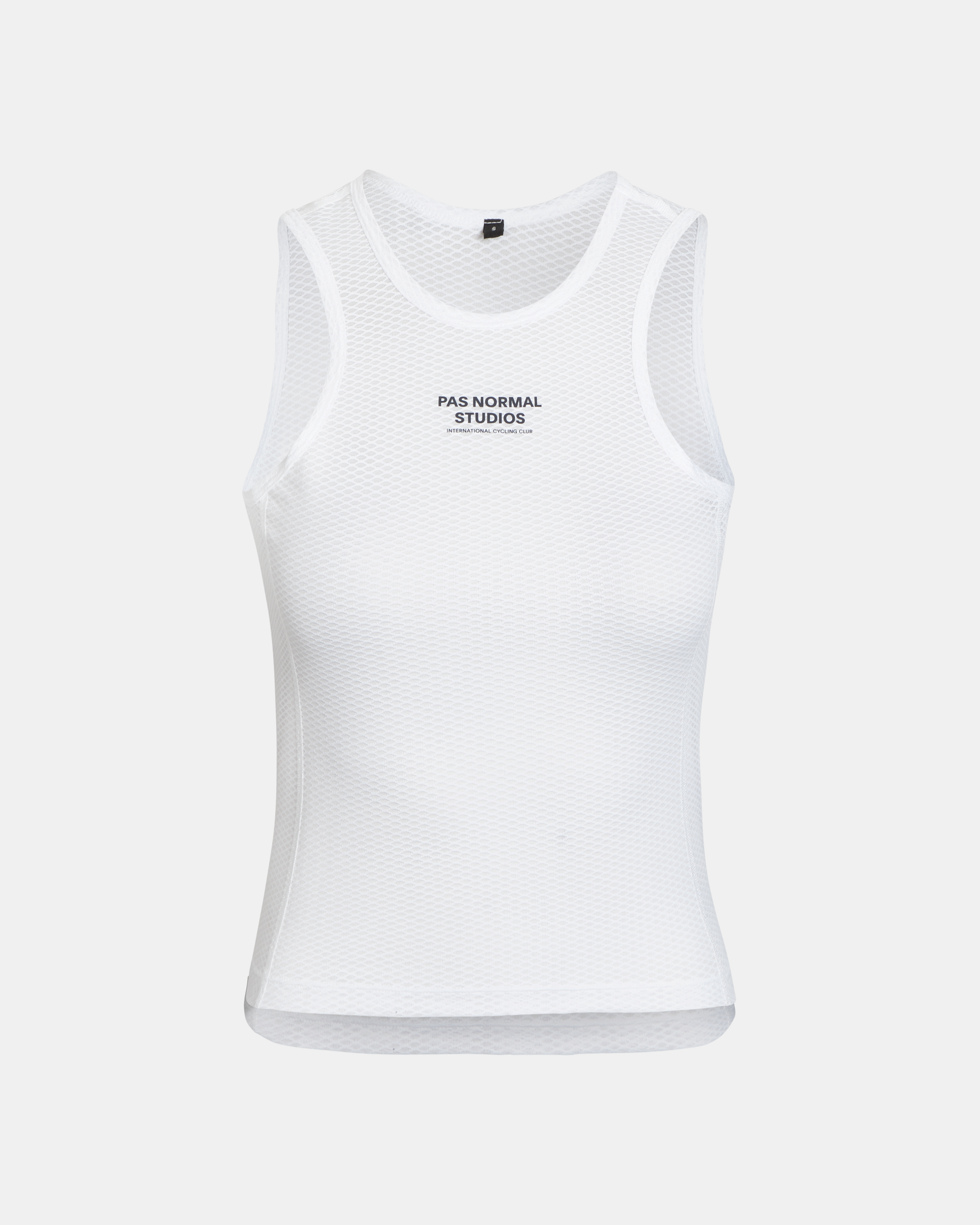 White Mechanism sleeveless base layer, front view with mesh texture and black chest logo