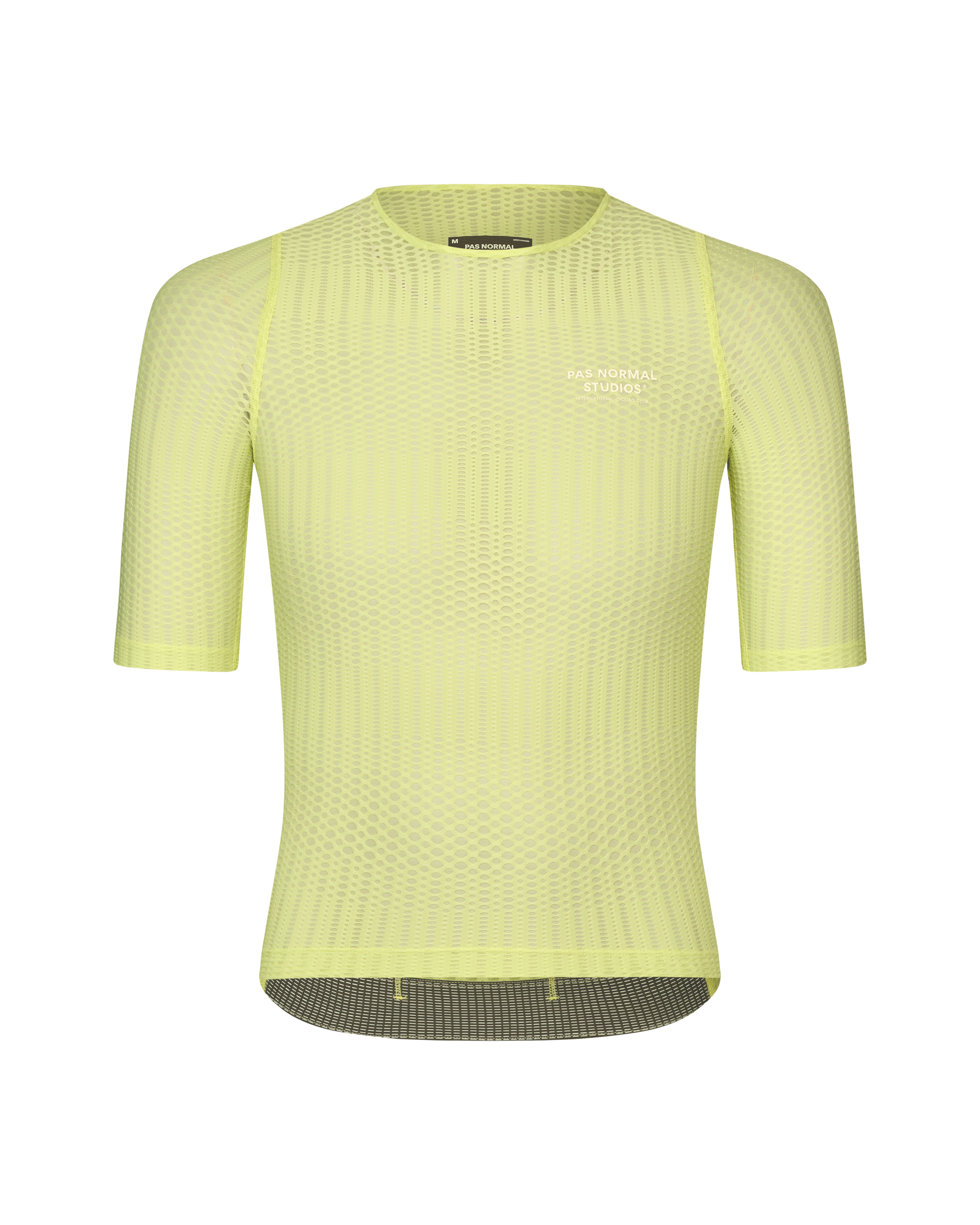 Wasabi Green Mechanism Pro Zipless cycling jersey, front view with textured knit pattern and contrast hem band