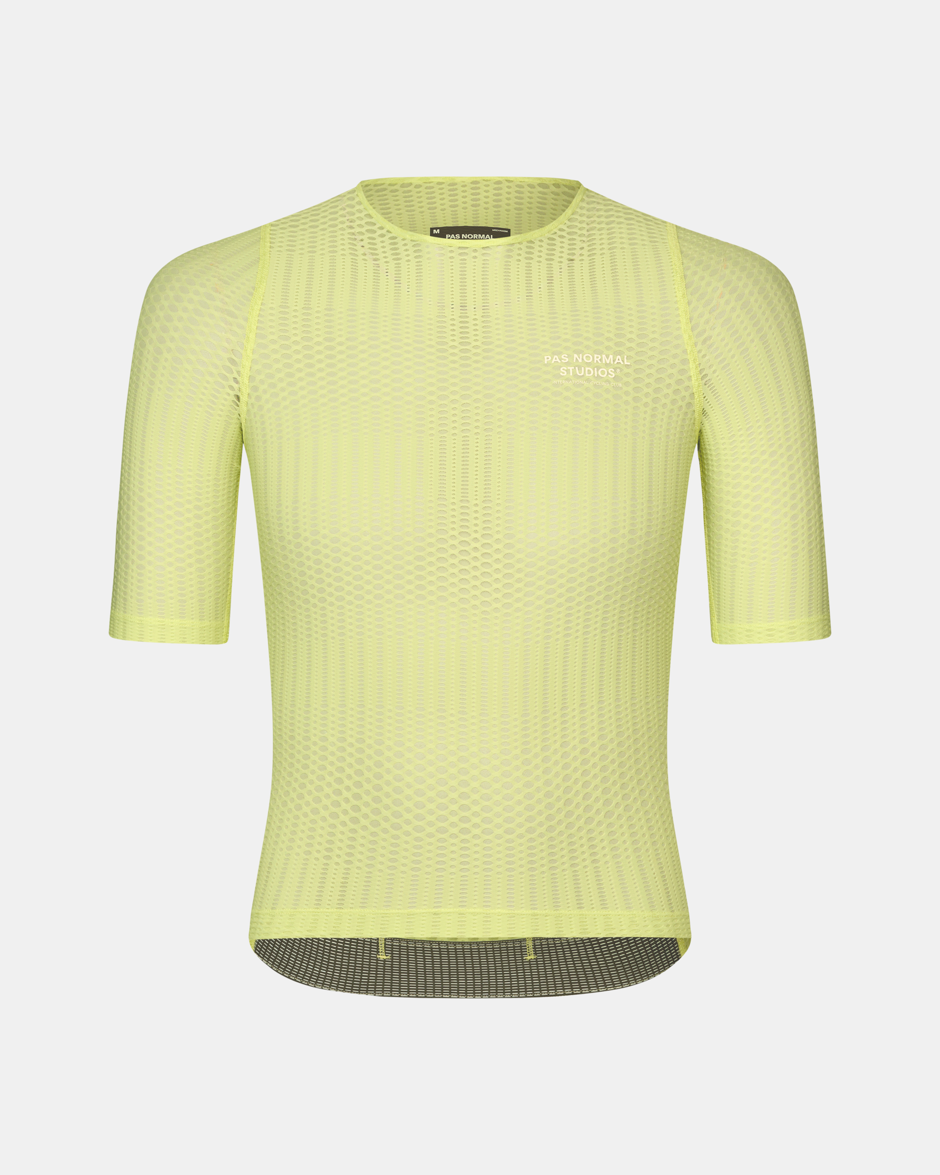 Wasabi Green Mechanism Pro Zipless cycling jersey, front view with textured knit pattern and contrast hem band