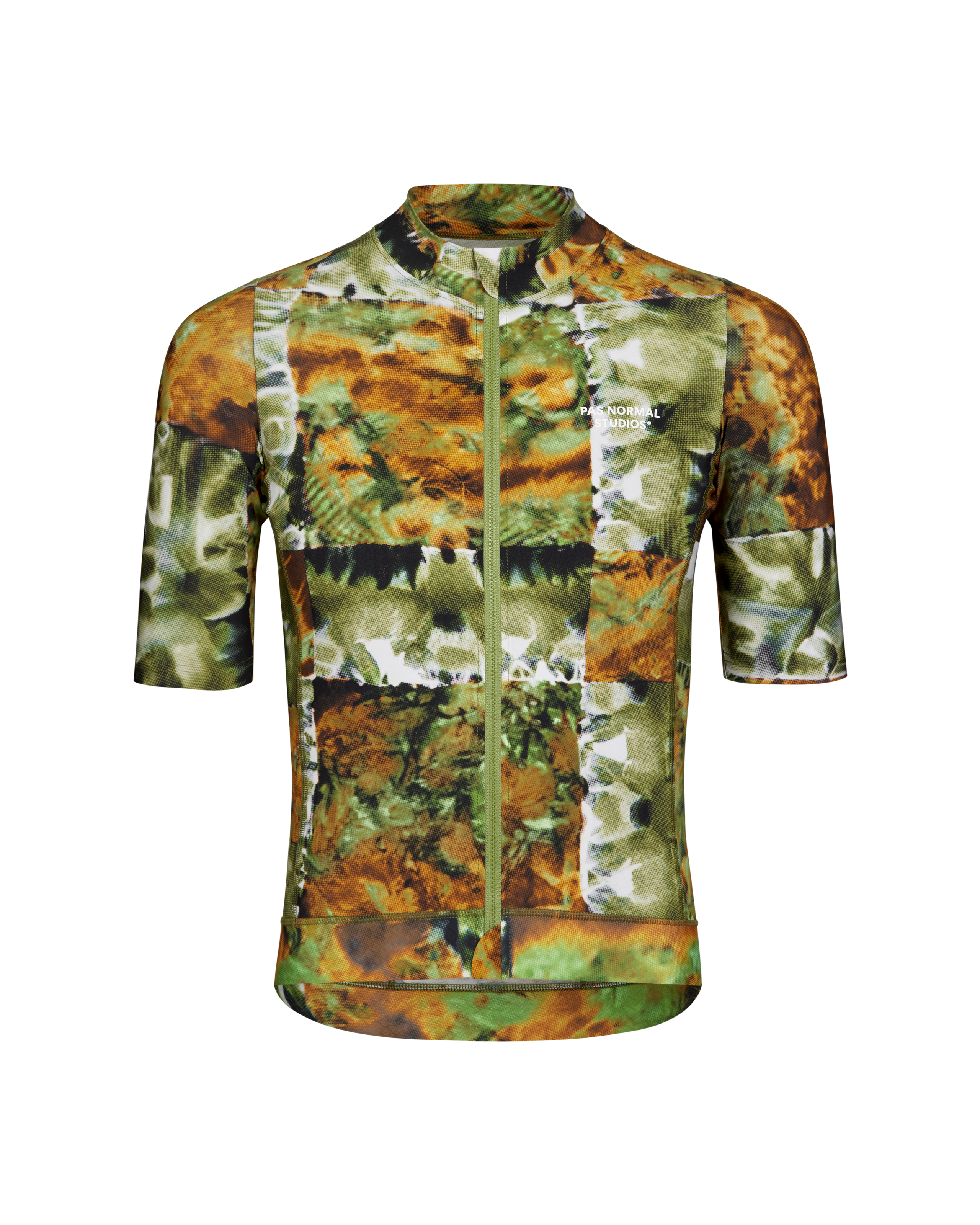 Green Essential cycling jersey, front view with kaleidoscope print and full zip
