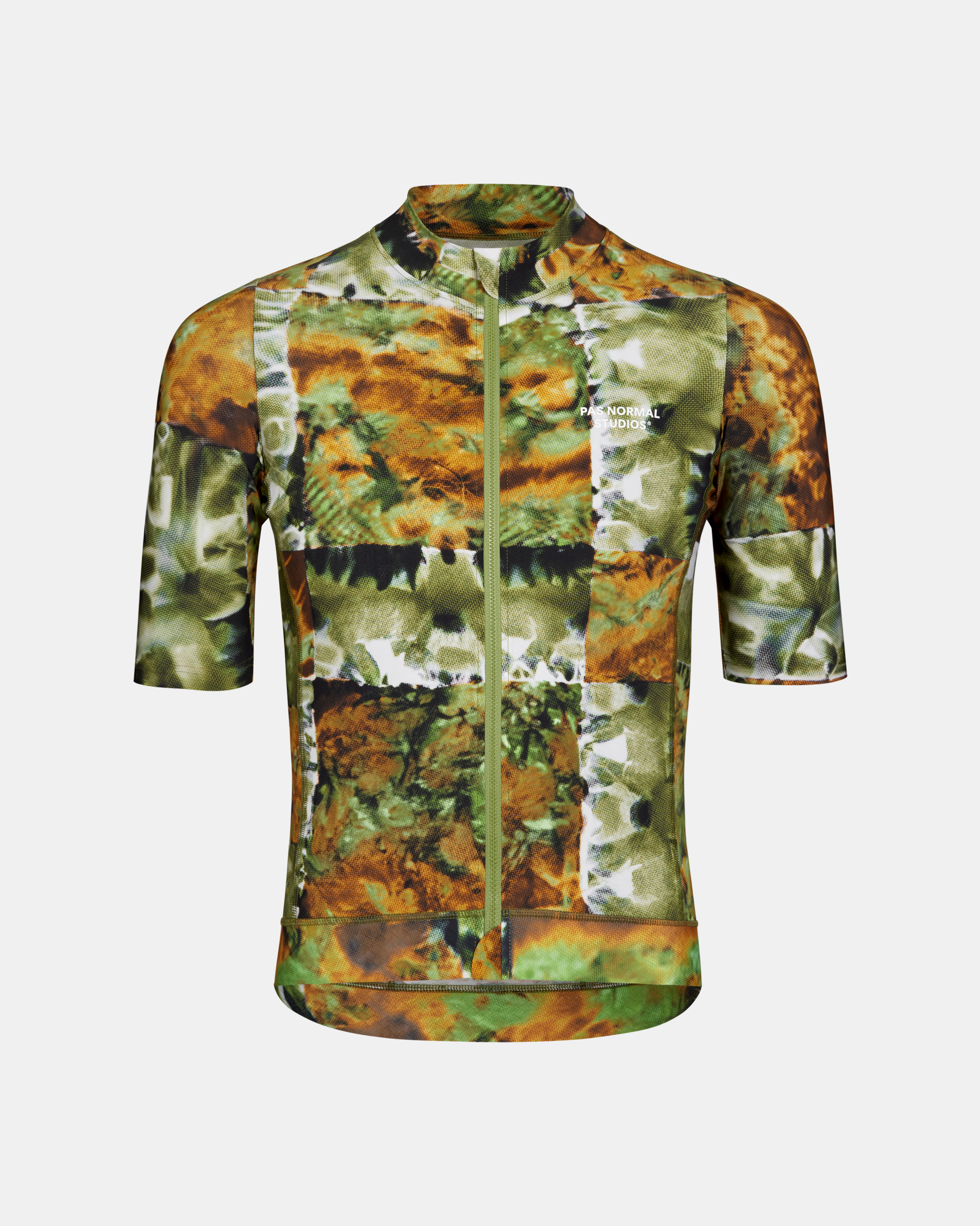 Green Essential cycling jersey, front view with kaleidoscope print and full zip